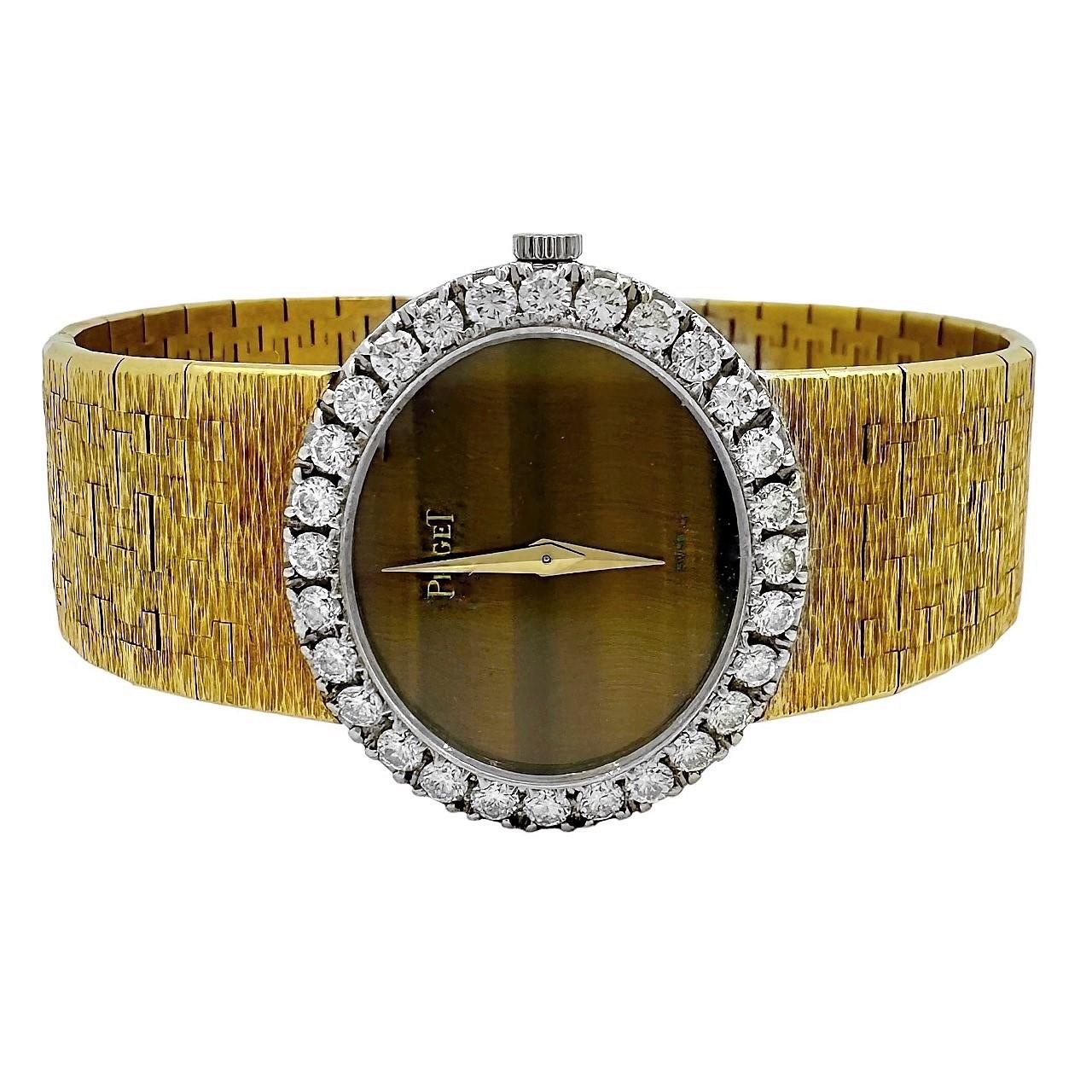 This lovely Mid-20th Century 18k yellow gold  cocktail watch was created in Geneva Switzerland by the venerated maker Piaget. It is a magnificent example of this integral band, hard stone and diamond series which were the epitome of elegance and