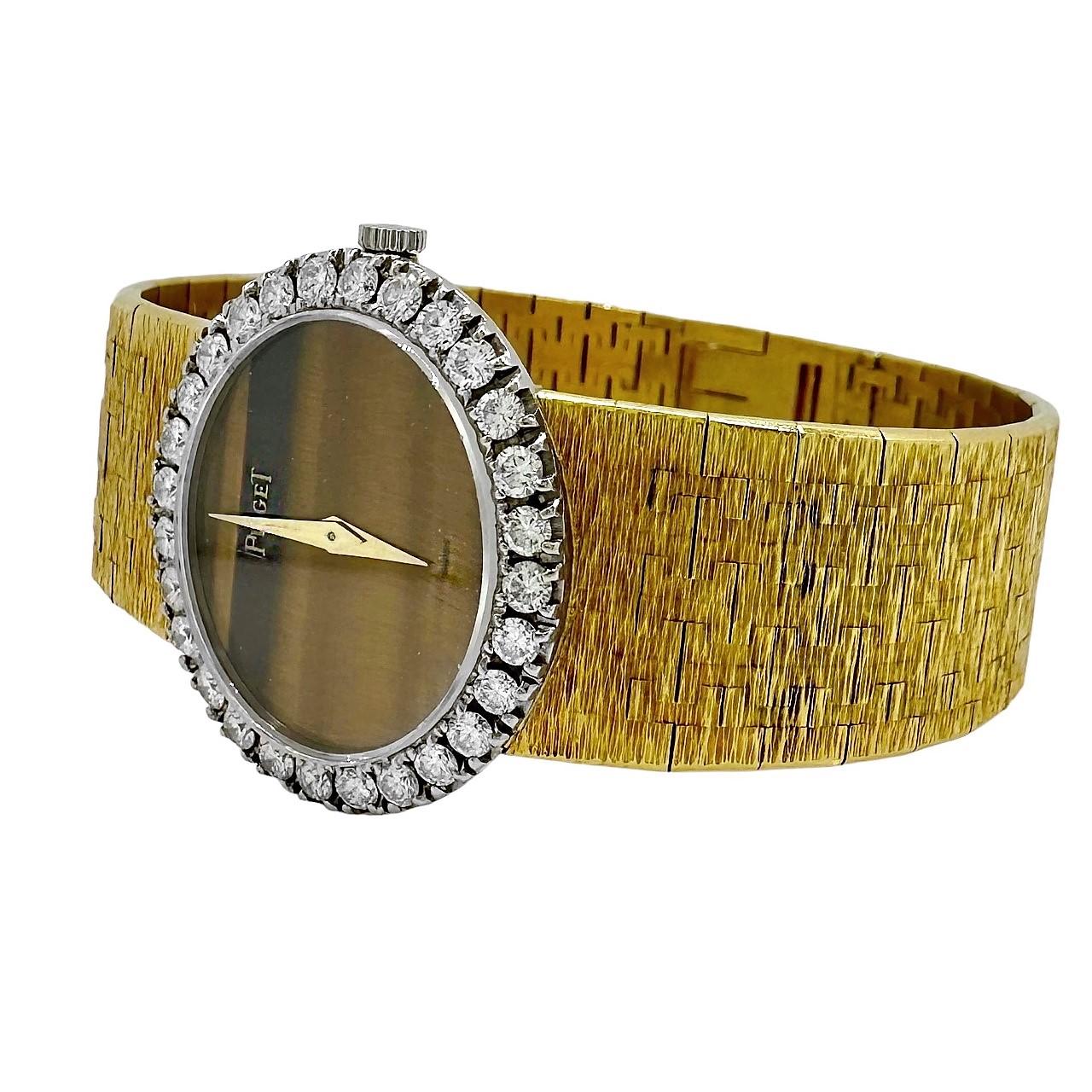 Modern Ladies Yellow Gold Piaget Oval Shaped Tiger's Eye Dial with Diamond Bezel