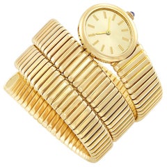 Vintage Ladies Yellow Gold Synthetic Sapphire Crown Coil mechanical Bracelet Wristwatch