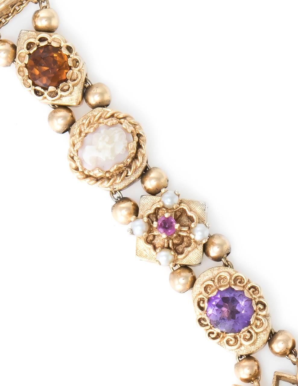 Post-War Ladies Yellow Gold Vintage Jewel Slide Bracelet Mechanical Wristwatch 