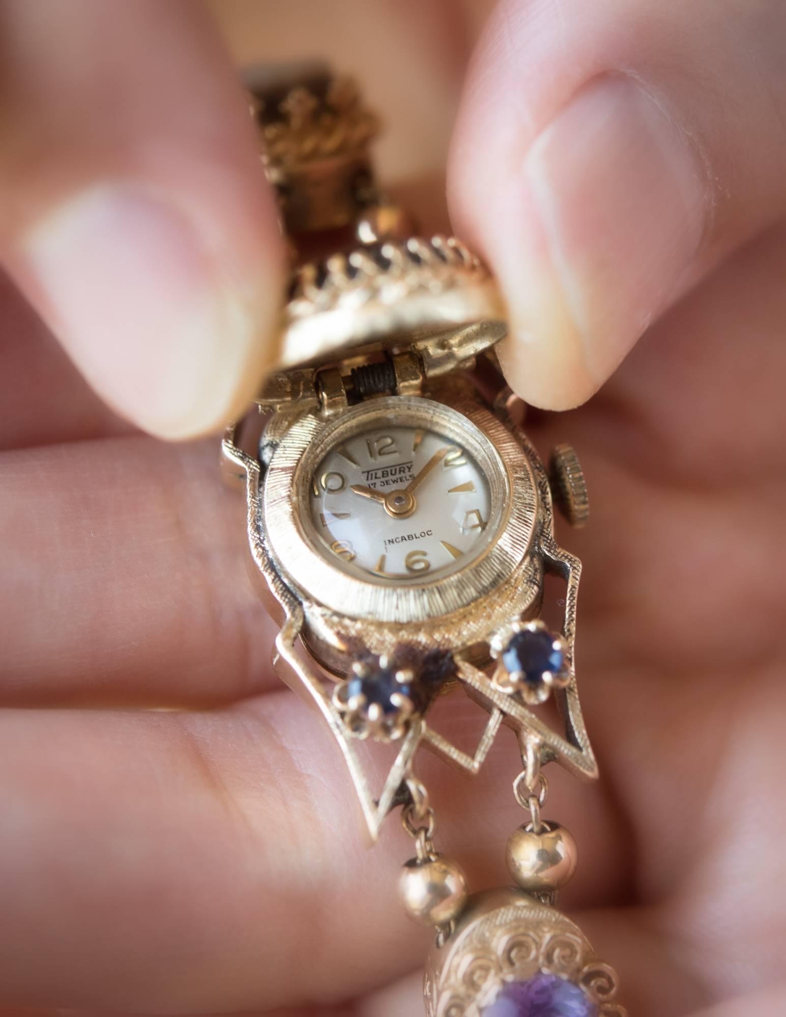 Ladies Yellow Gold Vintage Jewel Slide Bracelet Mechanical Wristwatch  3