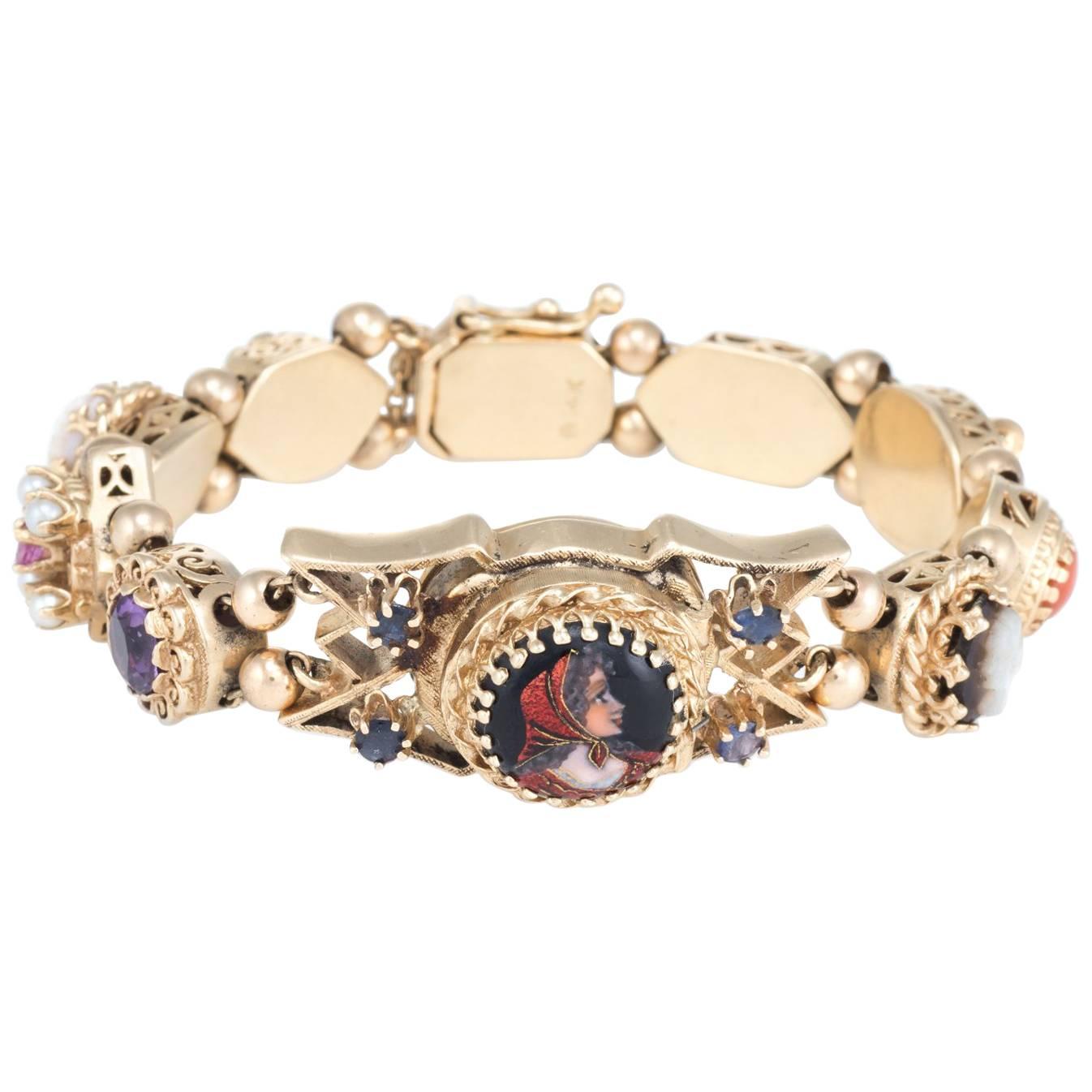 Ladies Yellow Gold Vintage Jewel Slide Bracelet Mechanical Wristwatch 