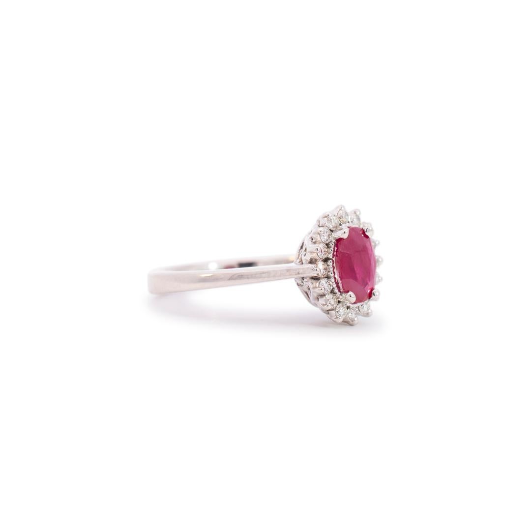 Round Cut Ladies14k White Gold Oval Ruby Halo Diamond Cocktail Ring For Sale