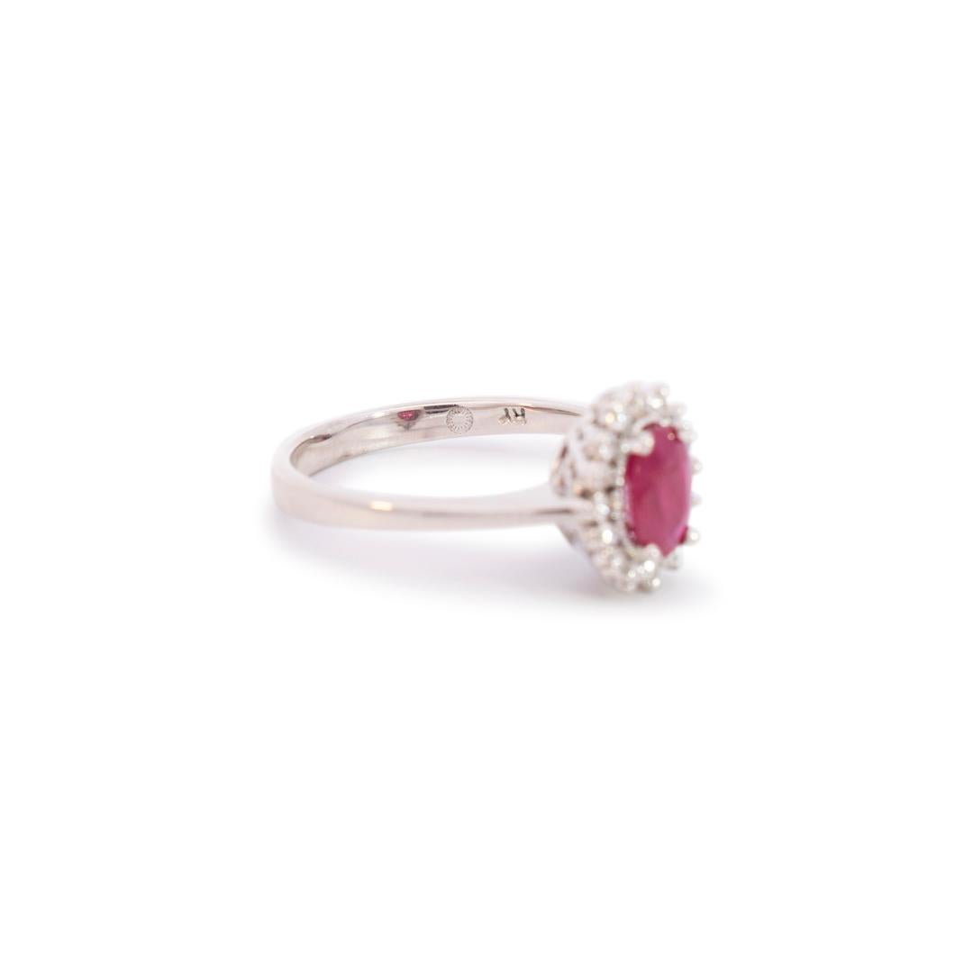 Ladies14k White Gold Oval Ruby Halo Diamond Cocktail Ring For Sale 1