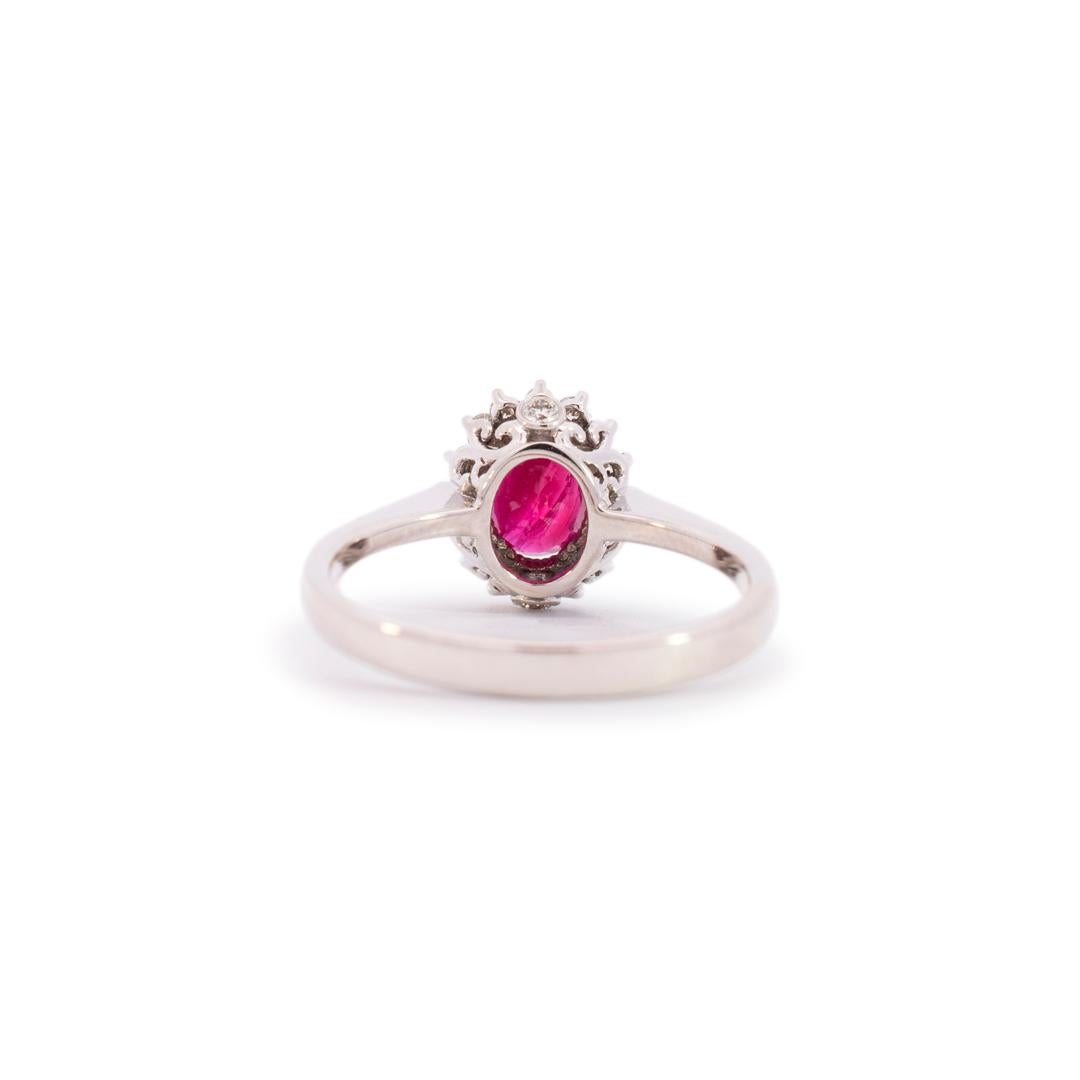 Ladies14k White Gold Oval Ruby Halo Diamond Cocktail Ring For Sale 2