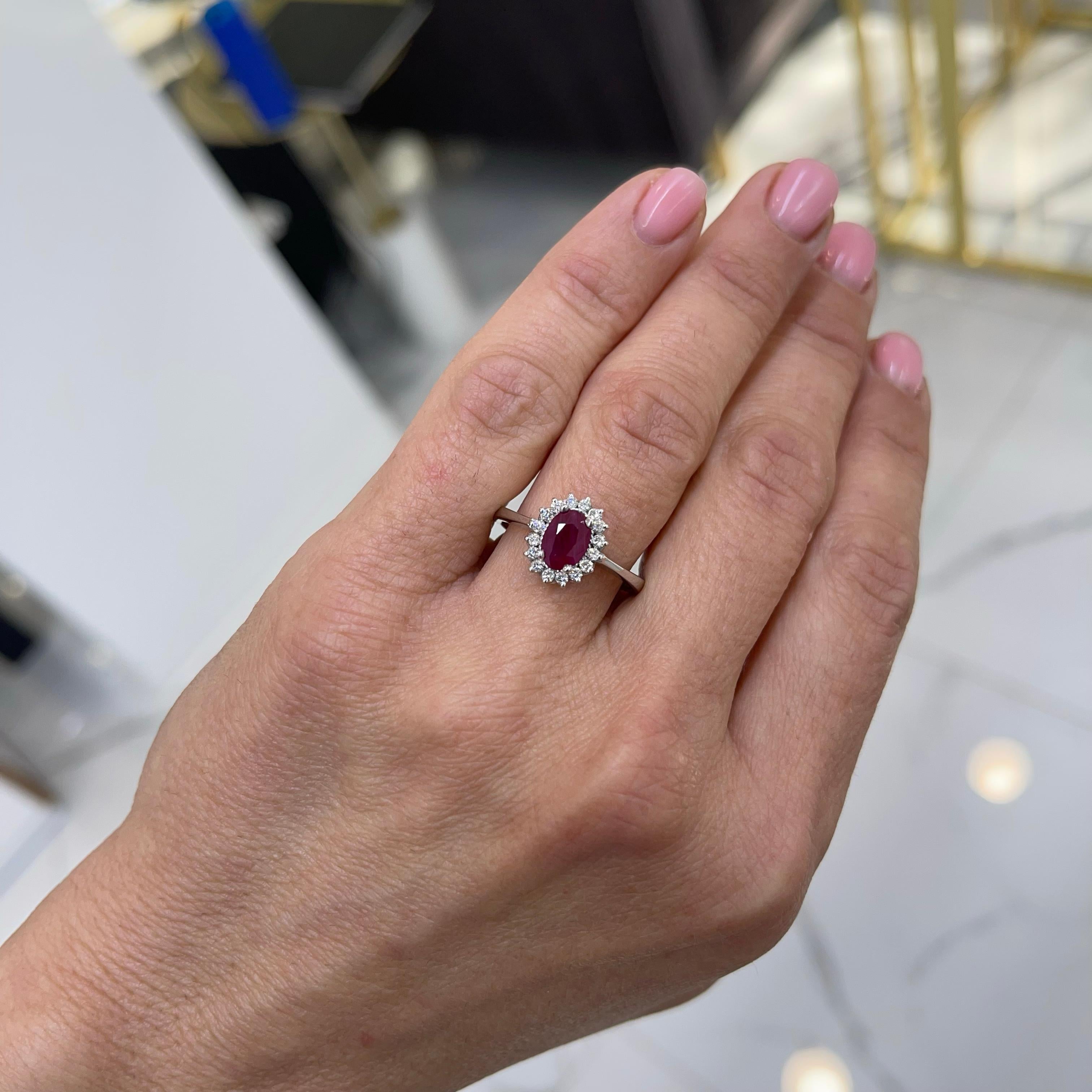 Ladies14k White Gold Oval Ruby Halo Diamond Cocktail Ring For Sale 3