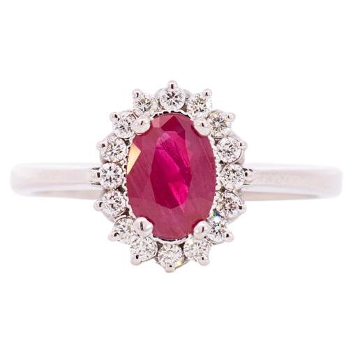 Ladies14k White Gold Oval Ruby Halo Diamond Cocktail Ring For Sale