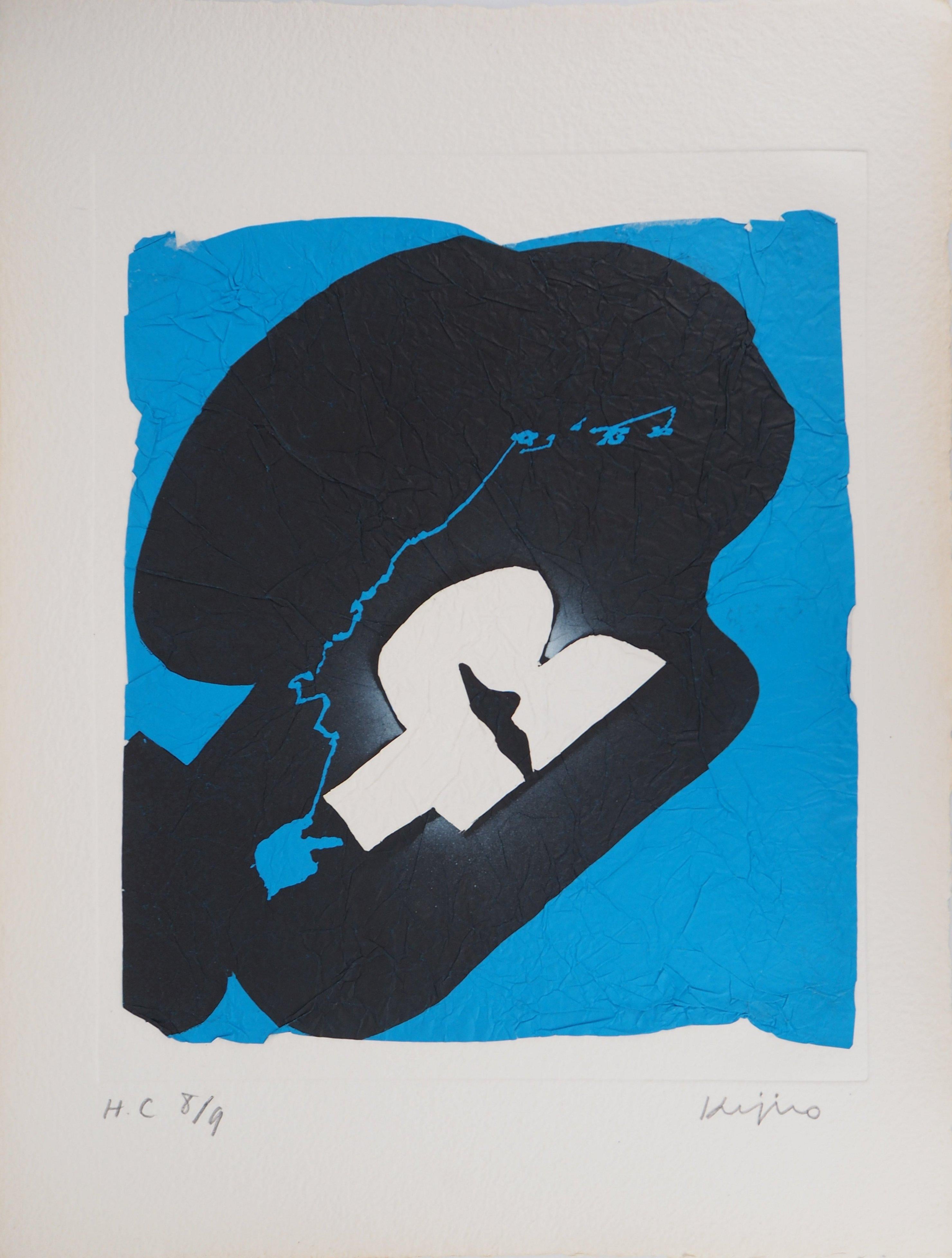 Ladislas Kijno Abstract Print – Elapsed Time in Blau - Original Mix Media - Handsigniert