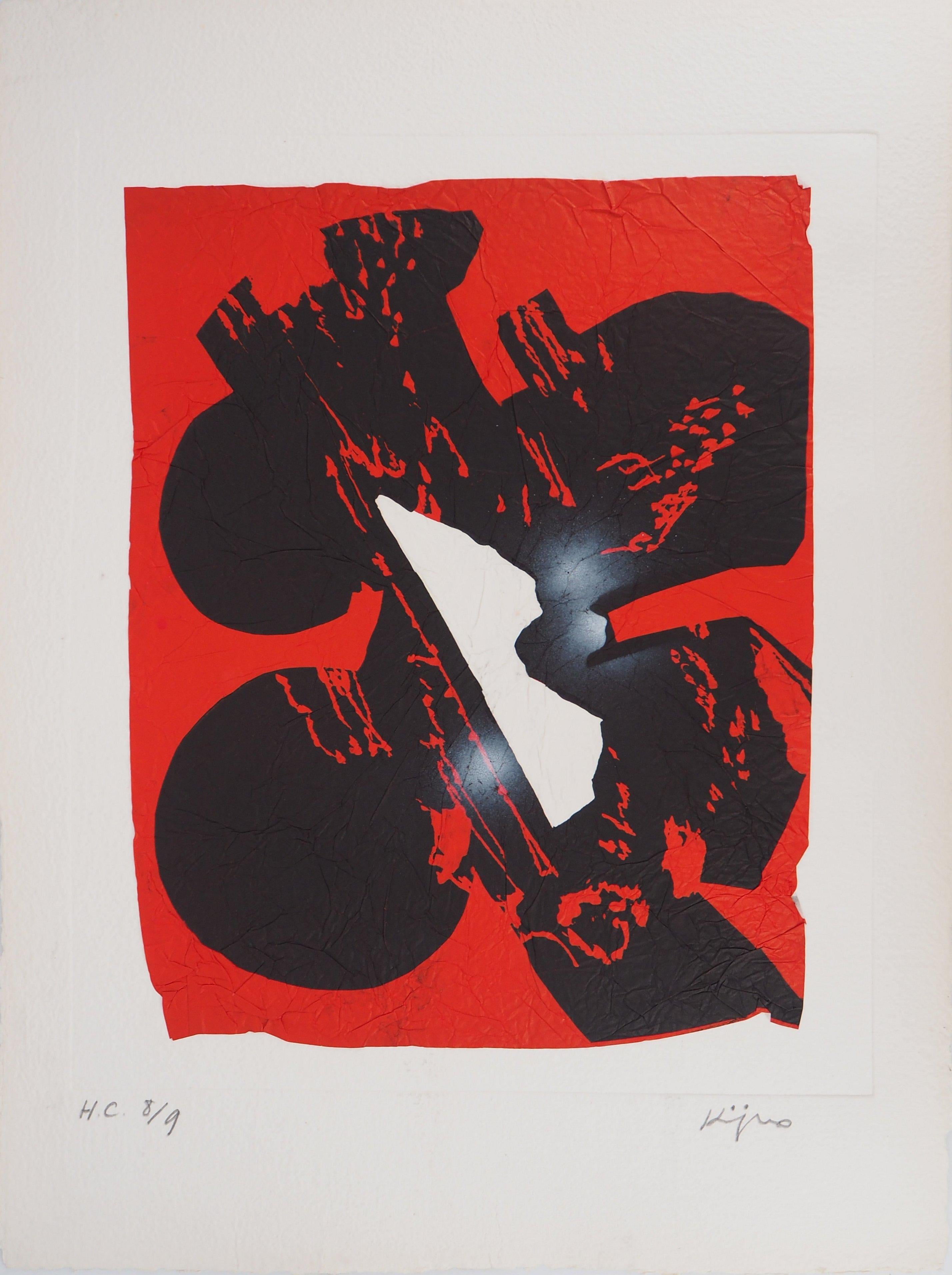 Ladislas Kijno Abstract Print – Elapsed Time in Red – Original Mix Media – Handsigniert