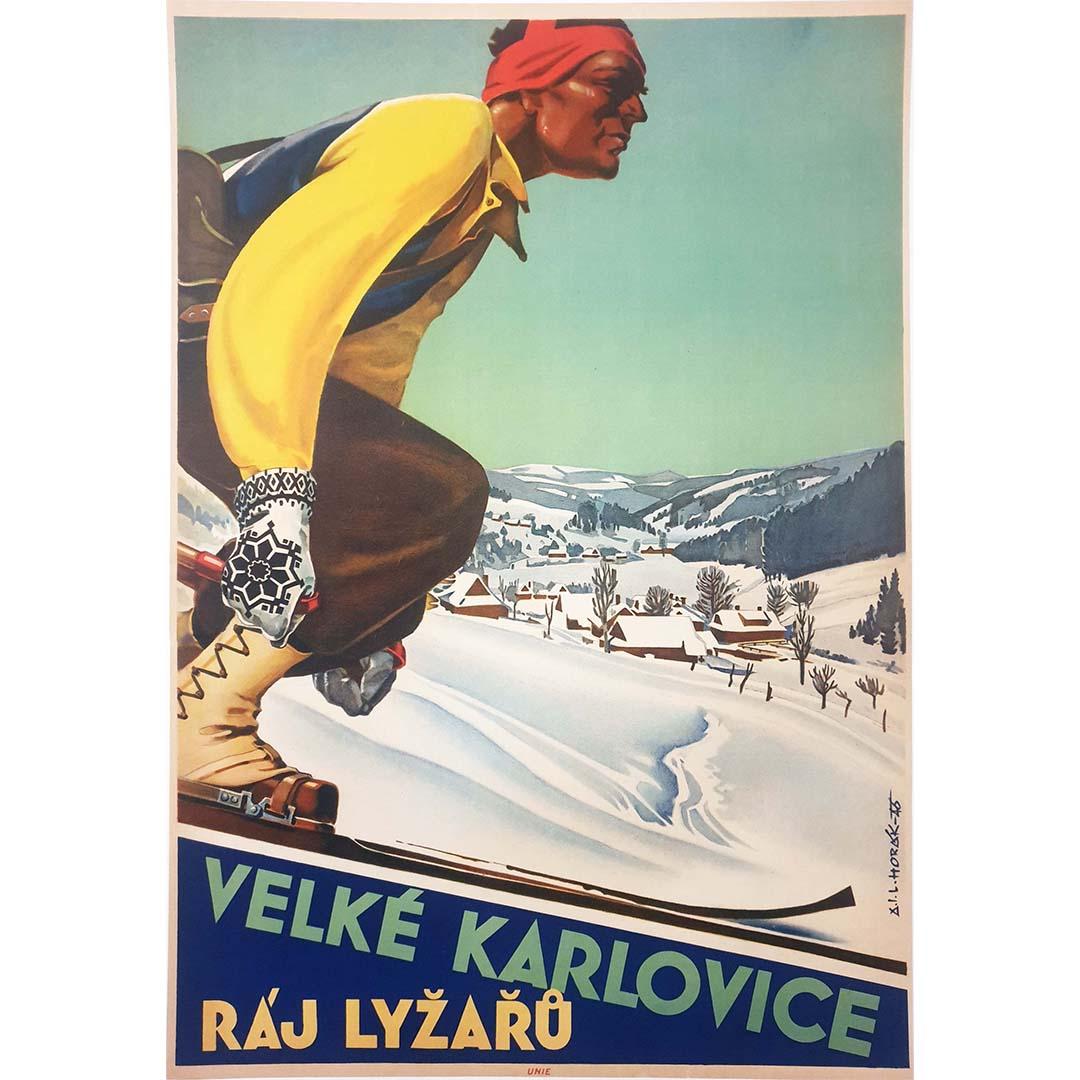 Beautiful Czech ski poster by Ladislav Horak for Velke Karlovice, Raj Lyzaru. Ve For Sale 1