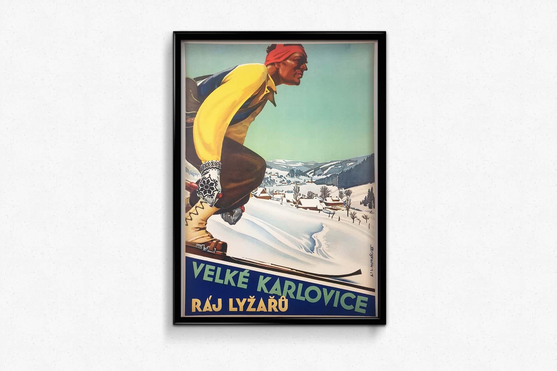 Beautiful Czech ski poster by Ladislav Horak for Velke Karlovice, Raj Lyzaru. Ve For Sale 3