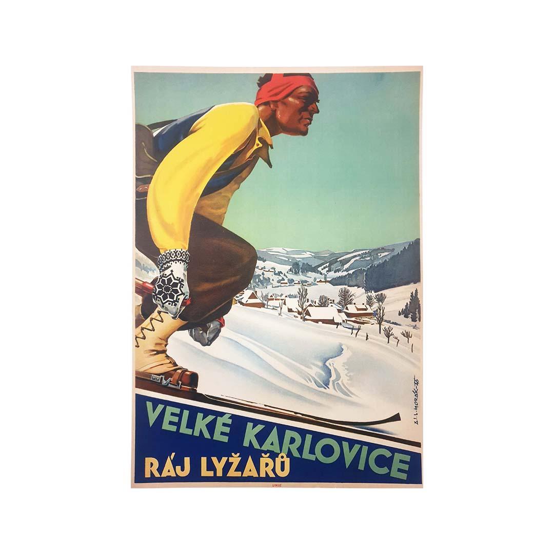 Beautiful Czech ski poster by Ladislav Horak for Velke Karlovice, Raj Lyzaru.
Velké Karlovice is a municipality and village in the Vsetín district of the Zlín region in the Czech Republic.

Skiing - Mountain - Sport

Czech republic - Raj Lyzaru (ski
