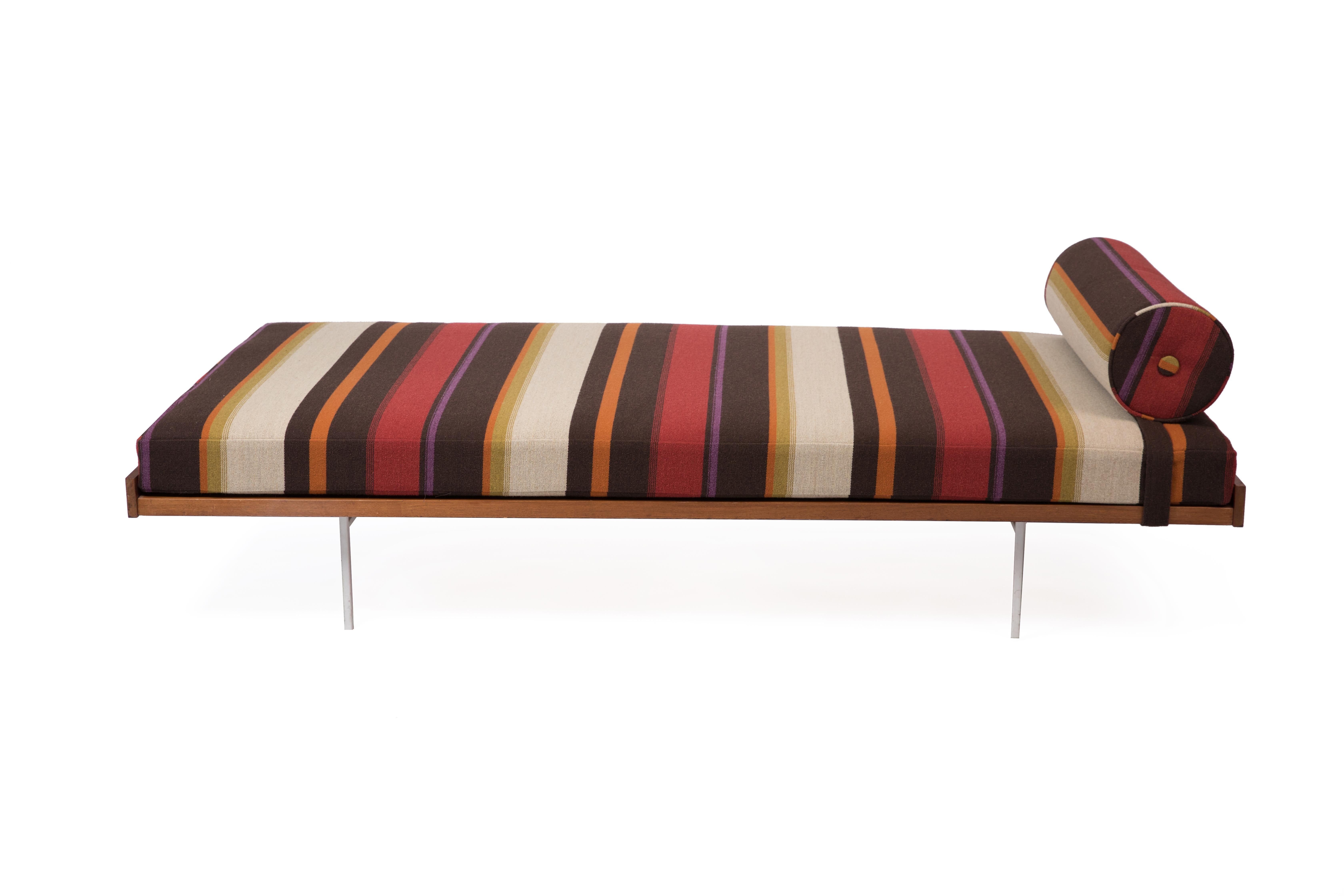 Two multicolored striped daybeds by Ladislav Radov for Knoll Drake. They each have patinated white metal legs and walnut frames. Both daybeds were just expertly reupholstered. The pieces came from the modernist desert architect Al Beadle's Estate.