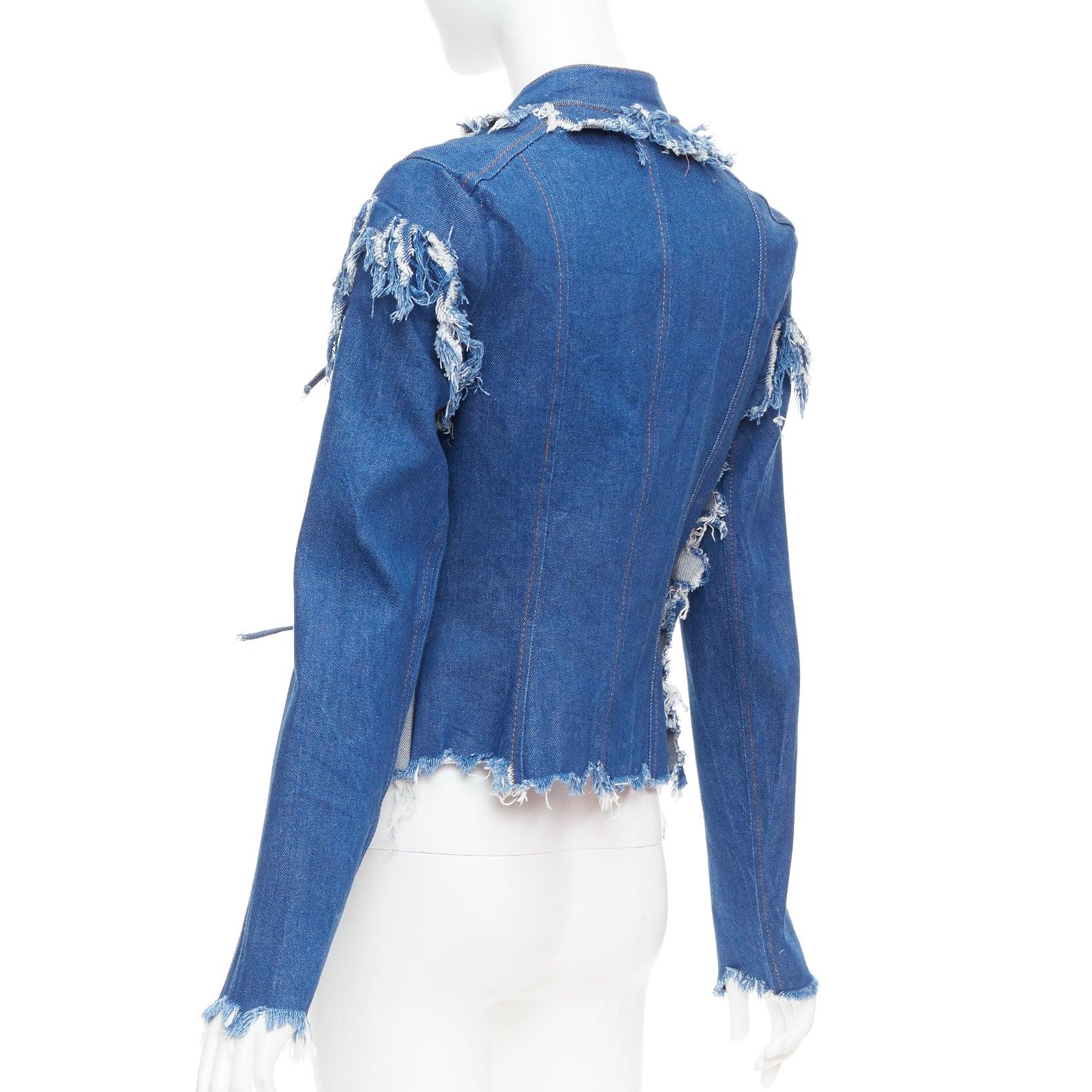 LADO BAKUCHAVA giacca in denim stracciato blu con cravatta XS in vendita 1