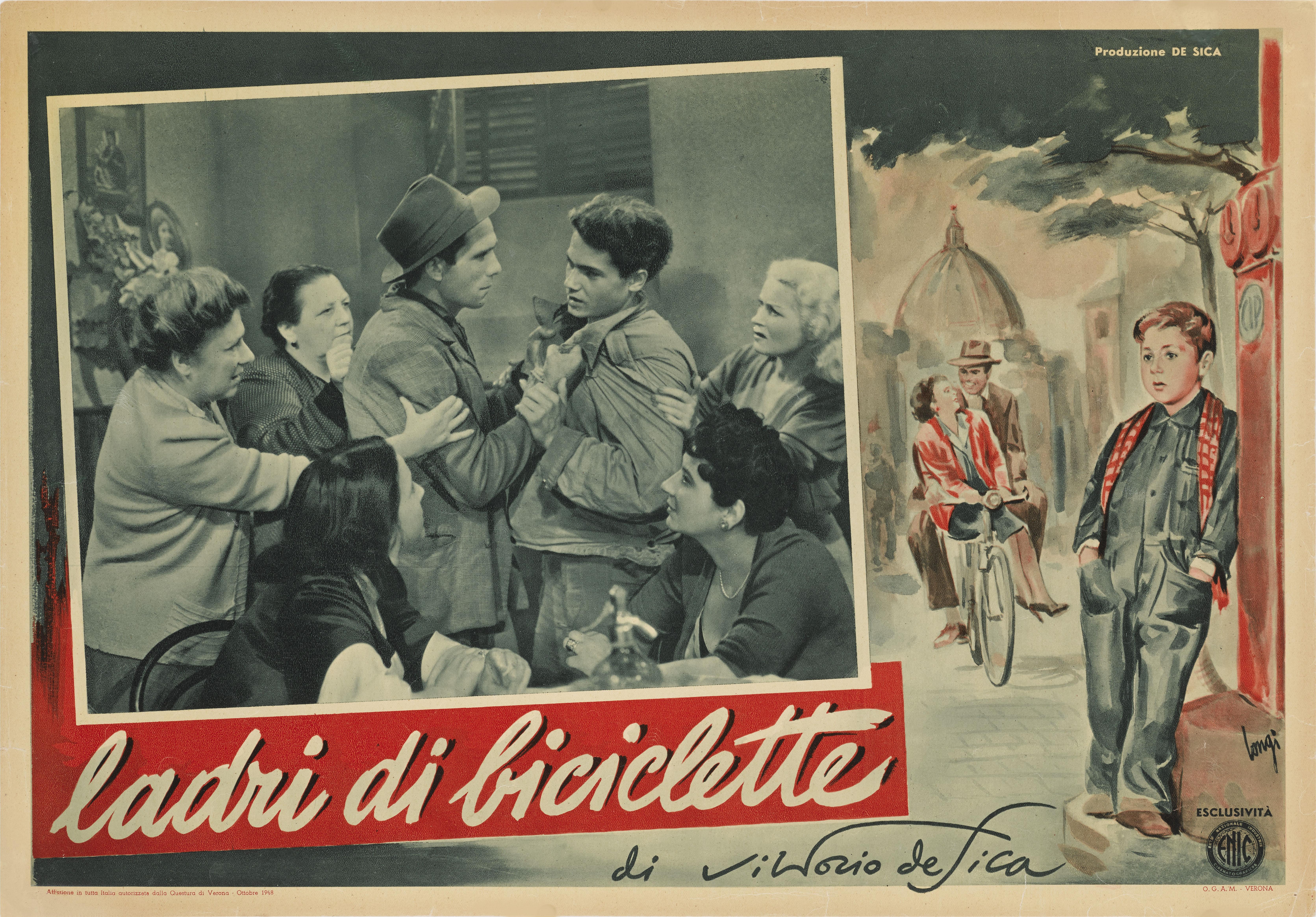 Original Italian film poster for 1948 landmark Neo-Realism film
Ladri di Biciclette / Bicycle Thieves. This film was directed by Vittorio De Sica and starred Lamberto  Maggiorani, Enzo Staiola and  Lianella Carell.
This poster is conservation paper