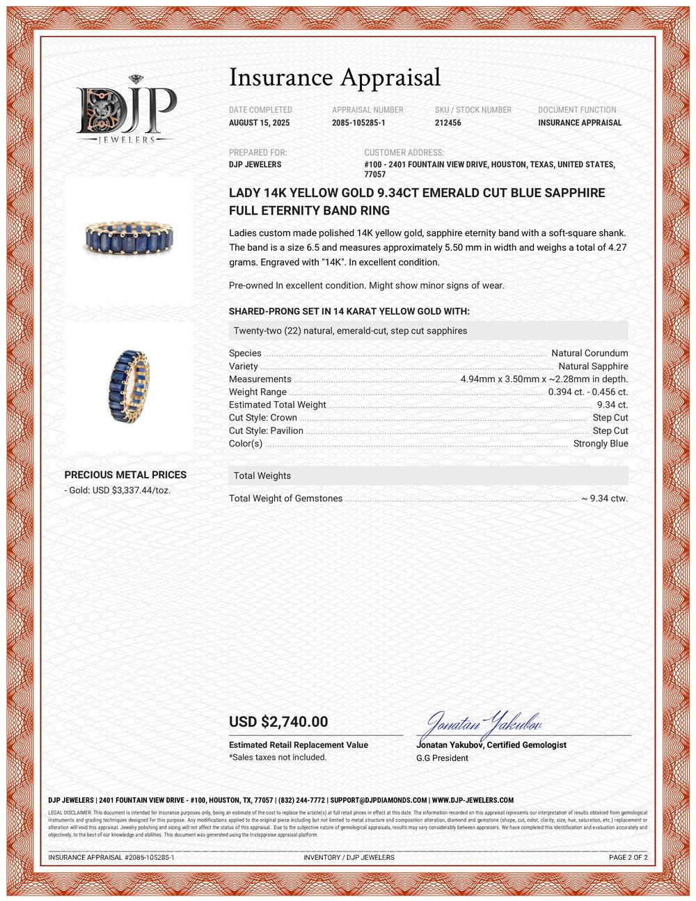 Lady 14K Gelbgold 9,34ct Smaragdschliff Blauer Saphir Voll Eternity Band Ring im Angebot 5