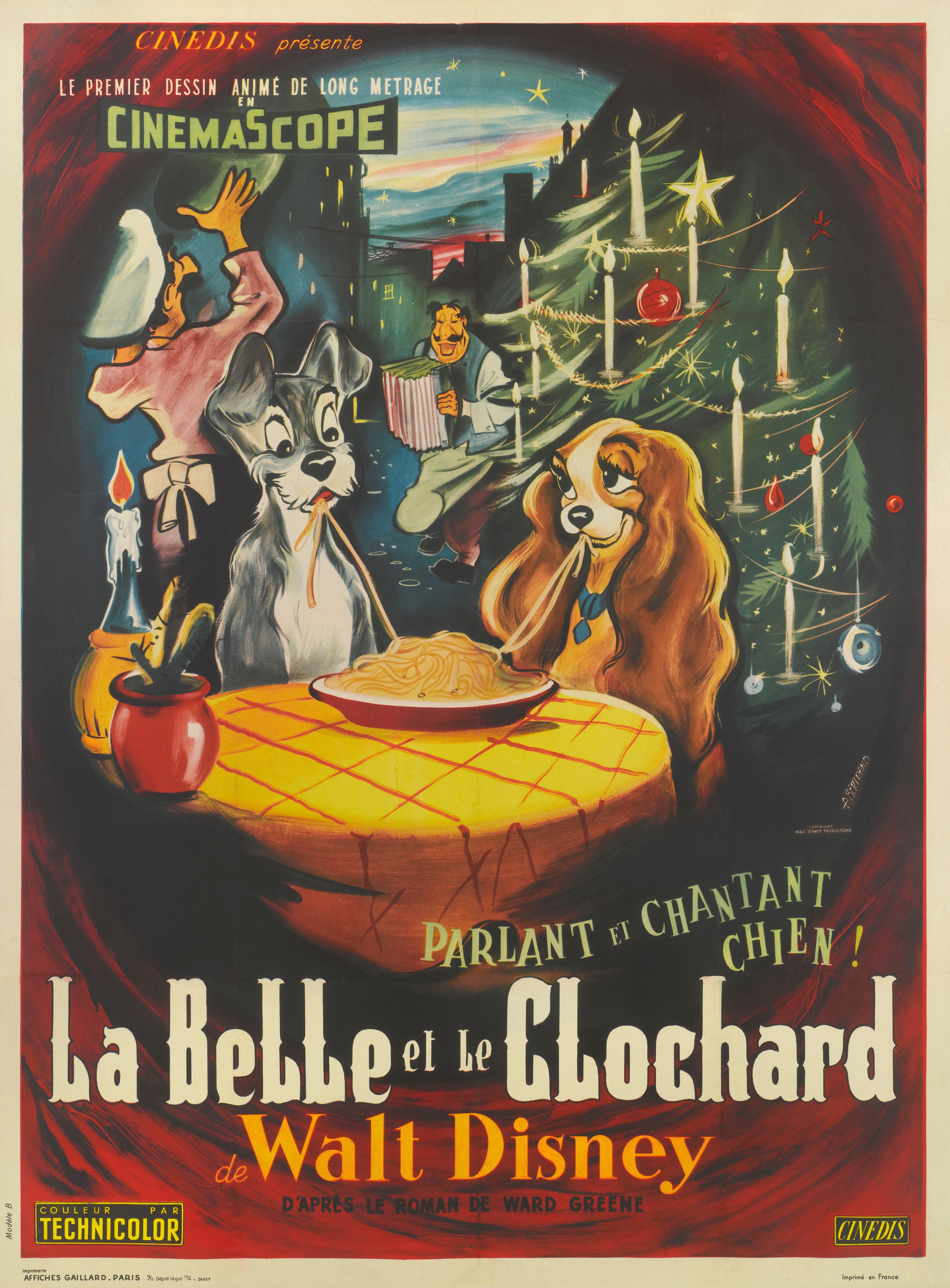Exceptionally rare original French film poster for Walt Disney's, 1955 animation film. This poster was designed to be pasted on billboards for the films rerelease in France. The art work is by A. Bertrand (dates unknown)
Bertrand's design is