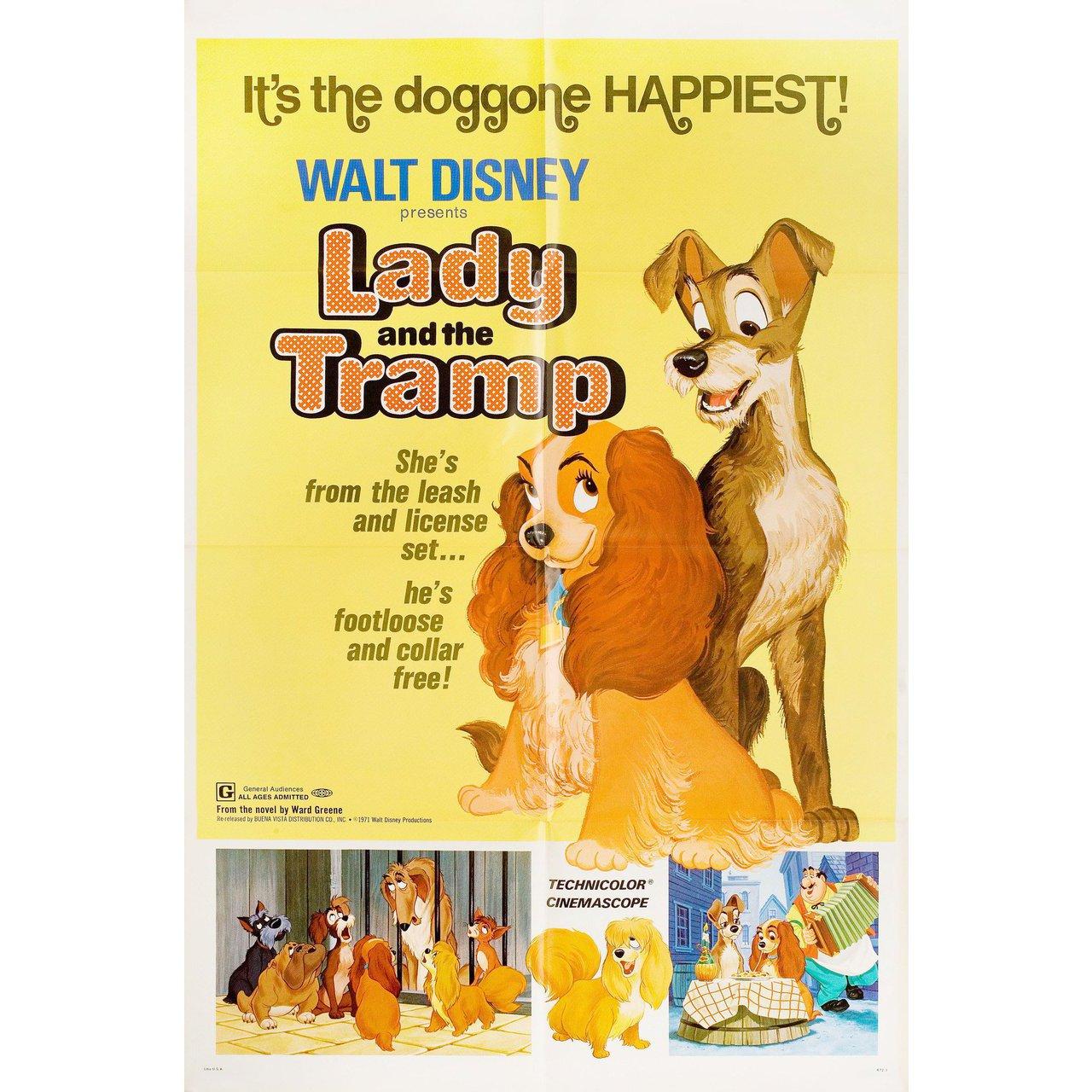Original 1972 re-release U.S. one sheet poster for the 1955 film Lady and the Tramp directed by Clyde Geronimi / Wilfred Jackson / Hamilton Luske with Peggy Lee / Larry Roberts / Bill Baucom / Verna Felton. Fine condition, folded. Many original