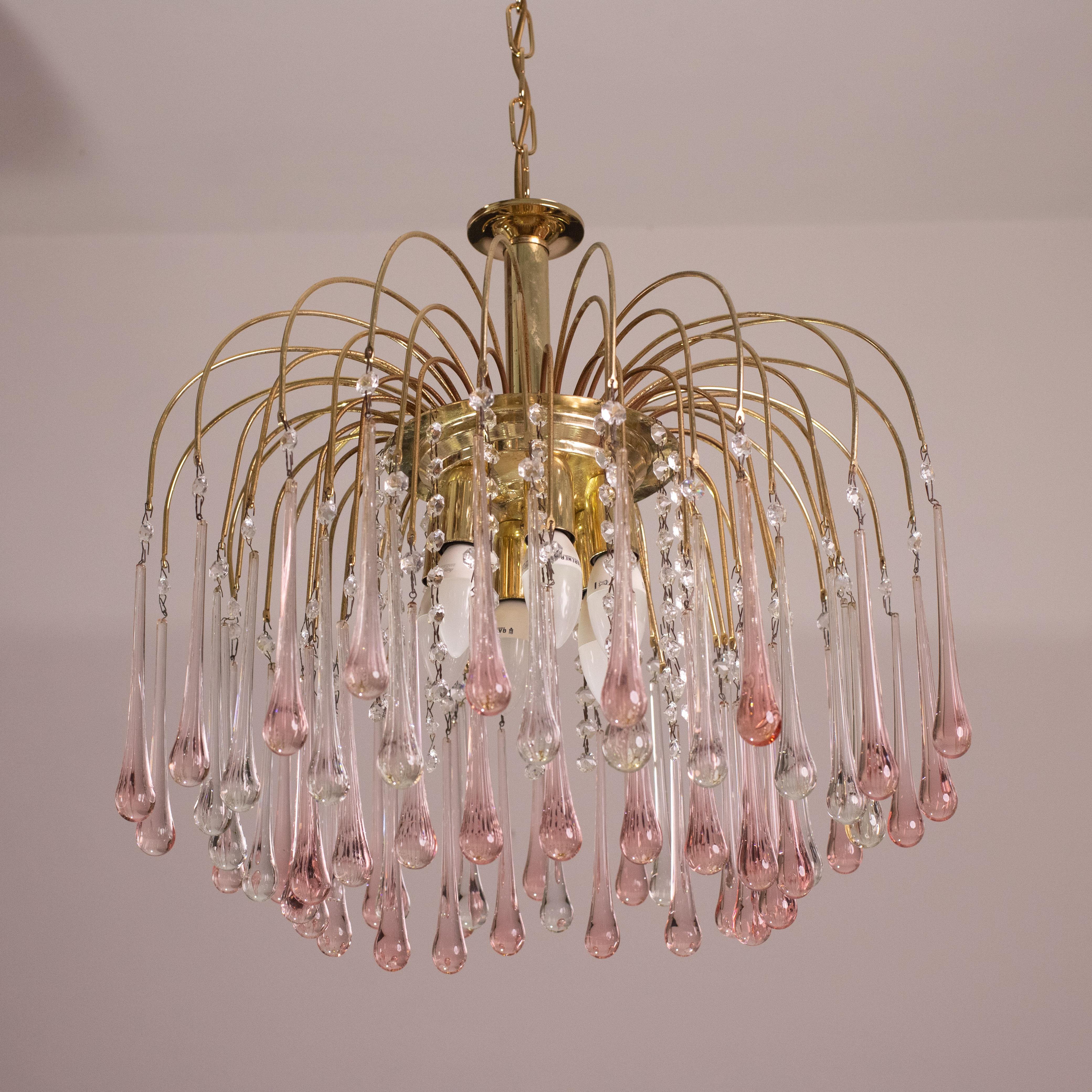 Murano Glass Lady Barbara, Murano Chandelier Pink and White Drops, Venini Style, 1970s For Sale