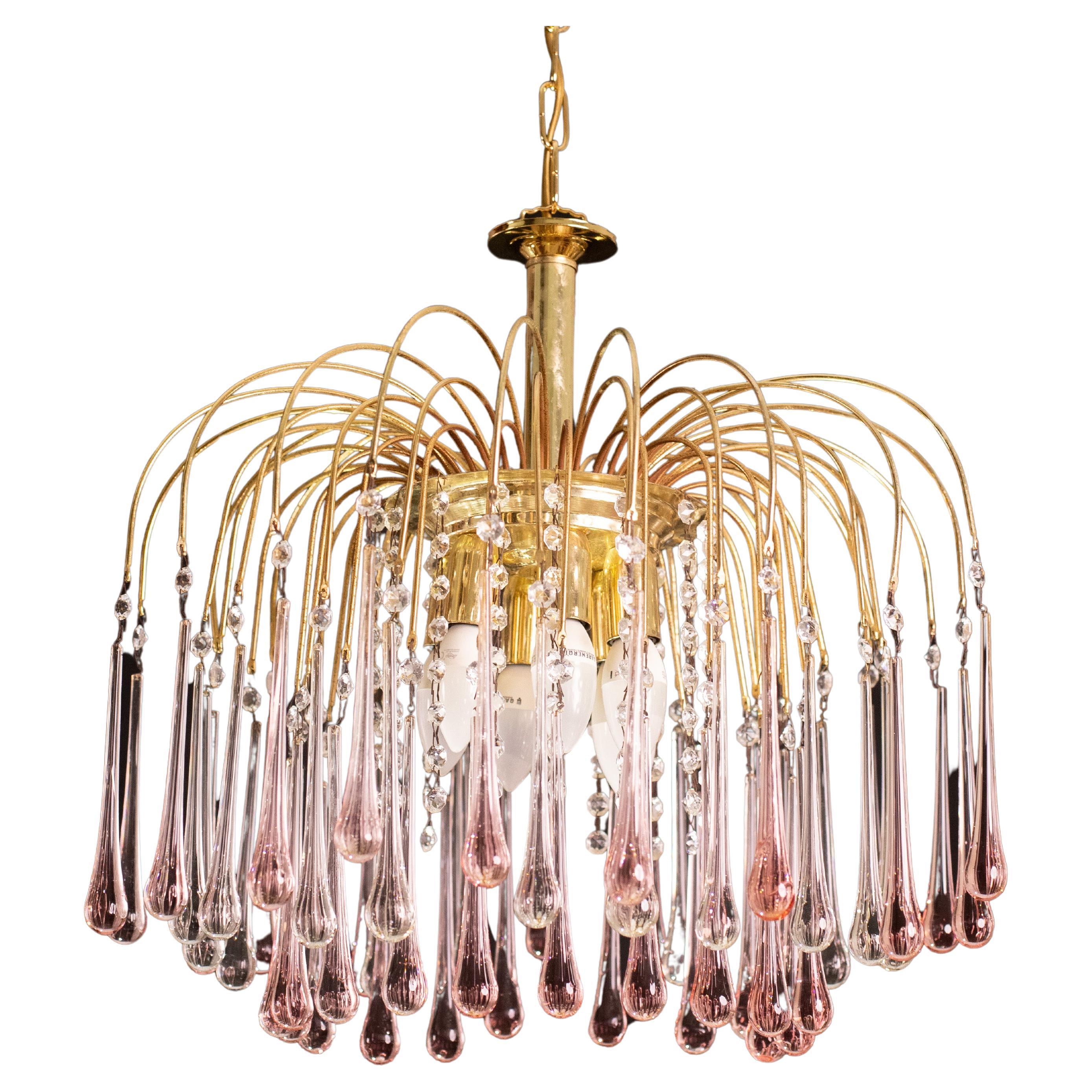 Lady Barbara, lampadario di Murano con gocce bianche e rosa, stile Venini, anni '70 in vendita