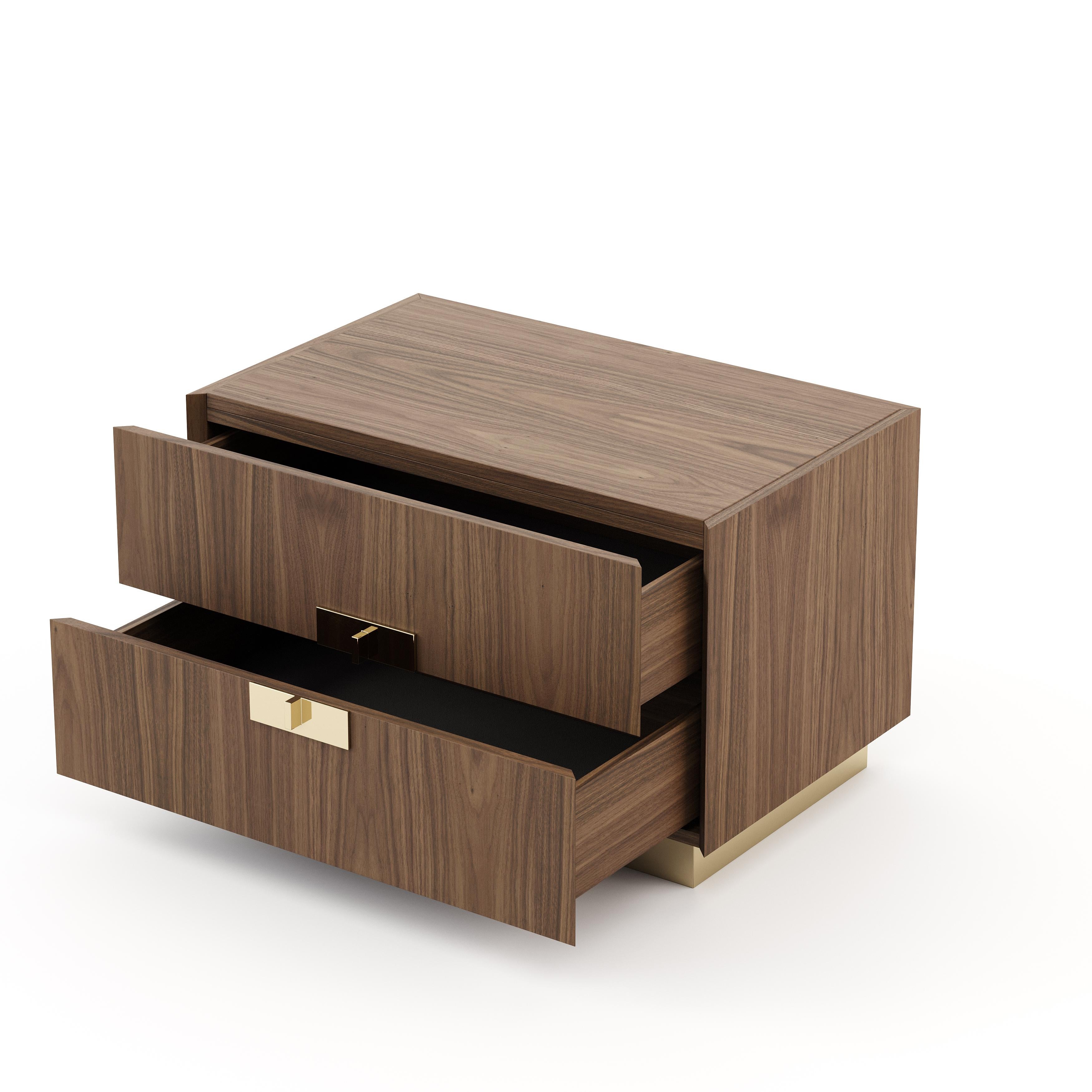 Lady bedside table has been designed for classic bedrooms. This timeless nightstand in smooth wood features two soft-closing drawers positioned on a contrasting metal base, with each drawer having its own metal handle. 

* Available in different