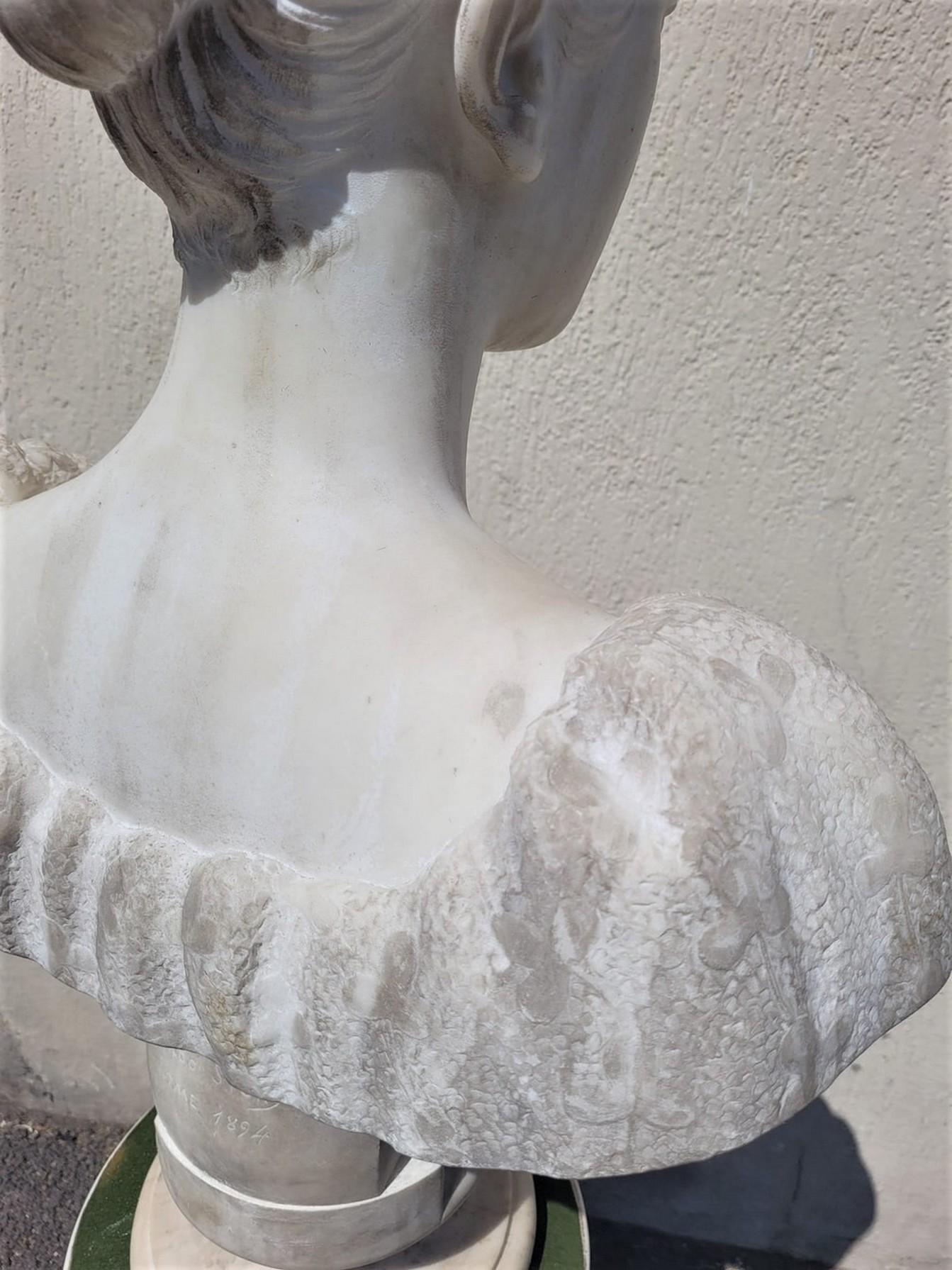 Italian Lady Bust, White Marble Signed Waldo Story, Rome 1894 For Sale