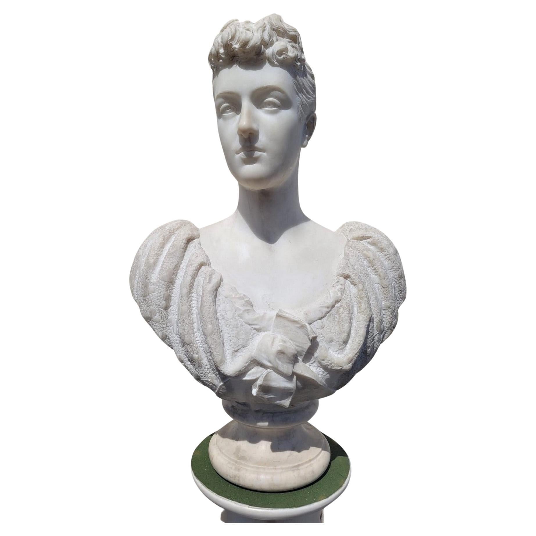 Lady Bust, White Marble Signed Waldo Story, Rome 1894