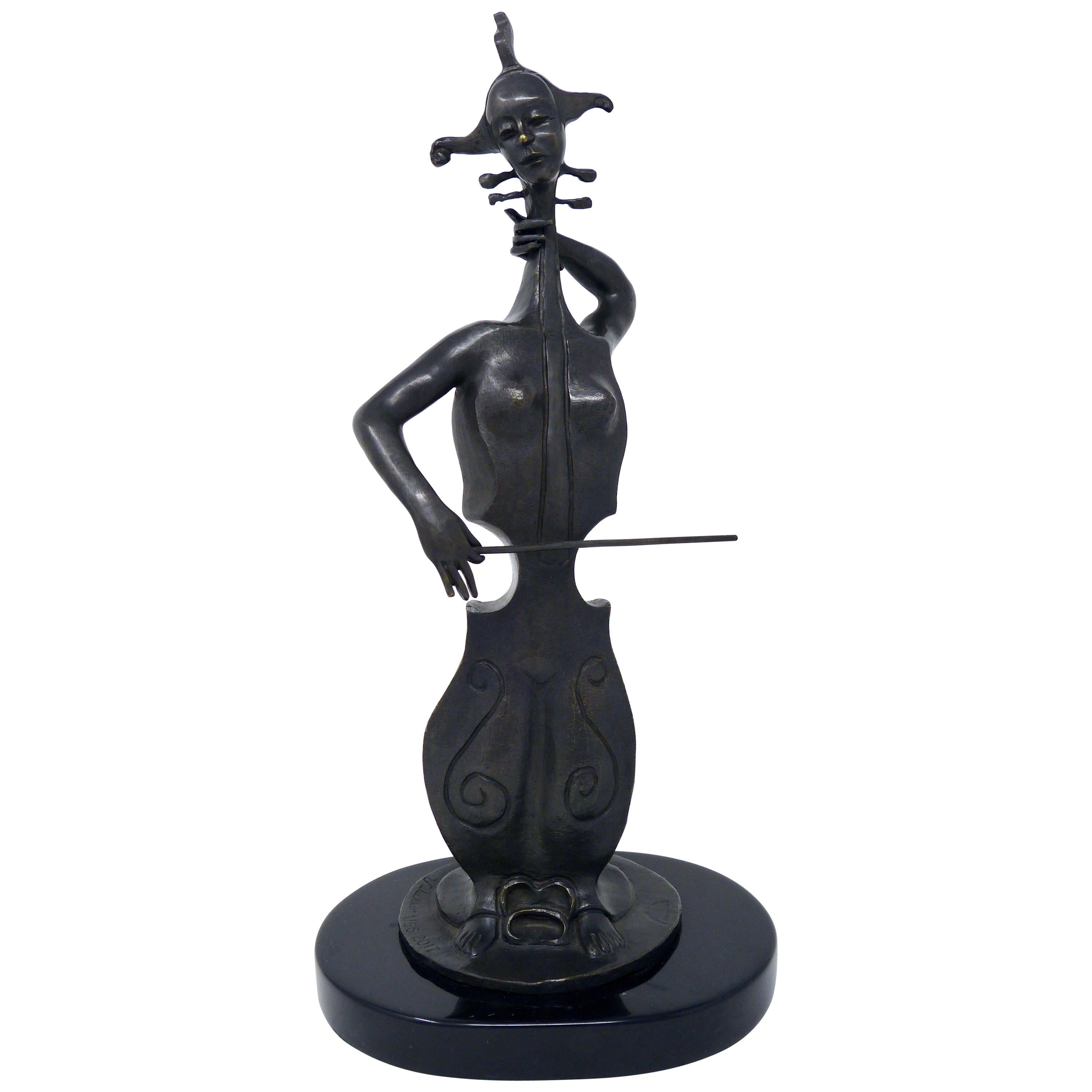 Lady Cello Surrealism Bronze Sculpture by Alejandro Velasco For Sale