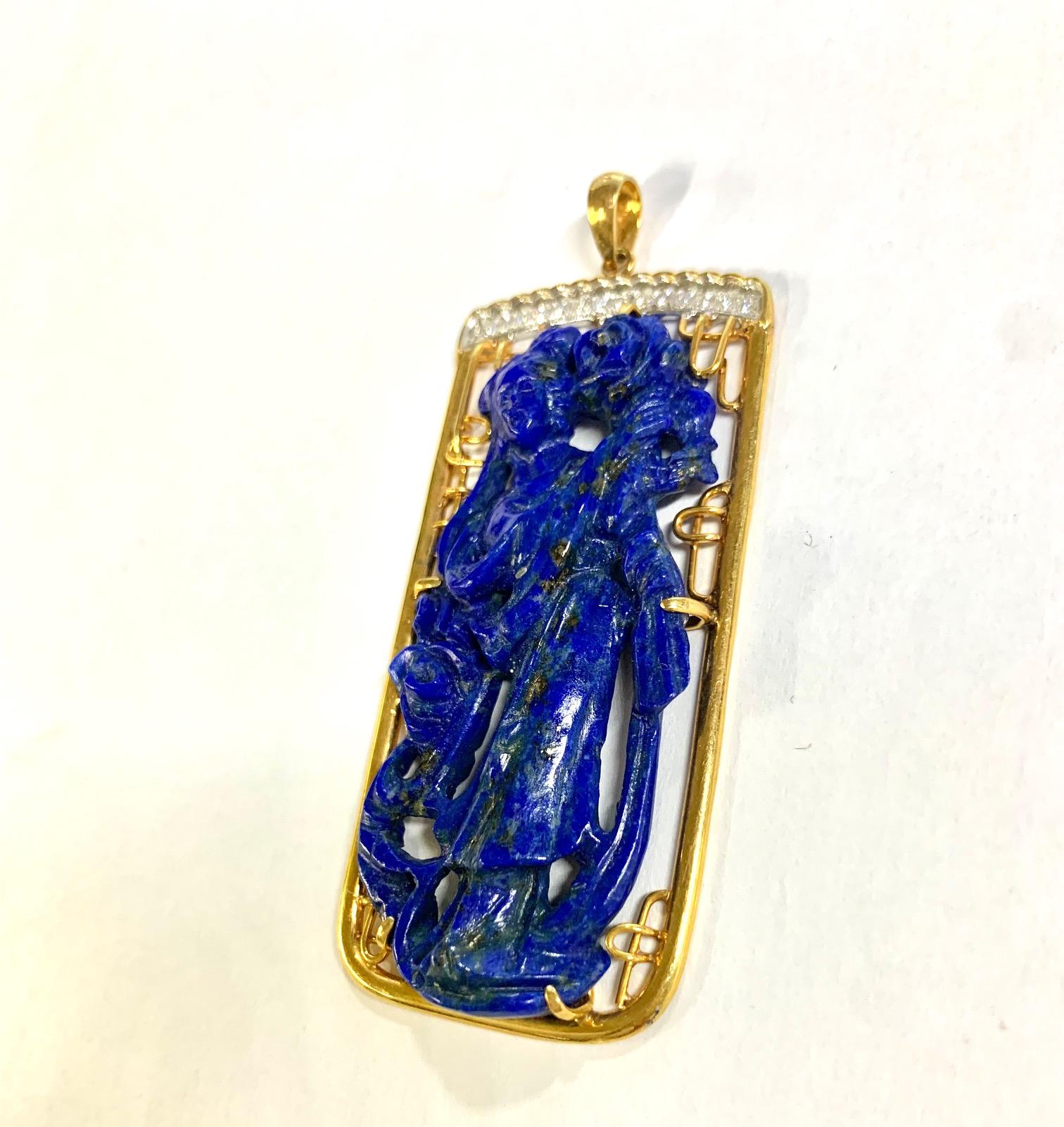 Rare craftsmanship Lady Chinoiserie Lapis Lazuli and Diamond Pendant

Stone: Diamonds
Stone Carat Weight: 0.14 Carat
Stone: Lapis Lazuli
Pendant: 2.25 x 1 Inches
Total Pendant Length: 2.7x1.2 Inches
Weight: 17.2 Grams 
Material: 14K Yellow Gold

No
