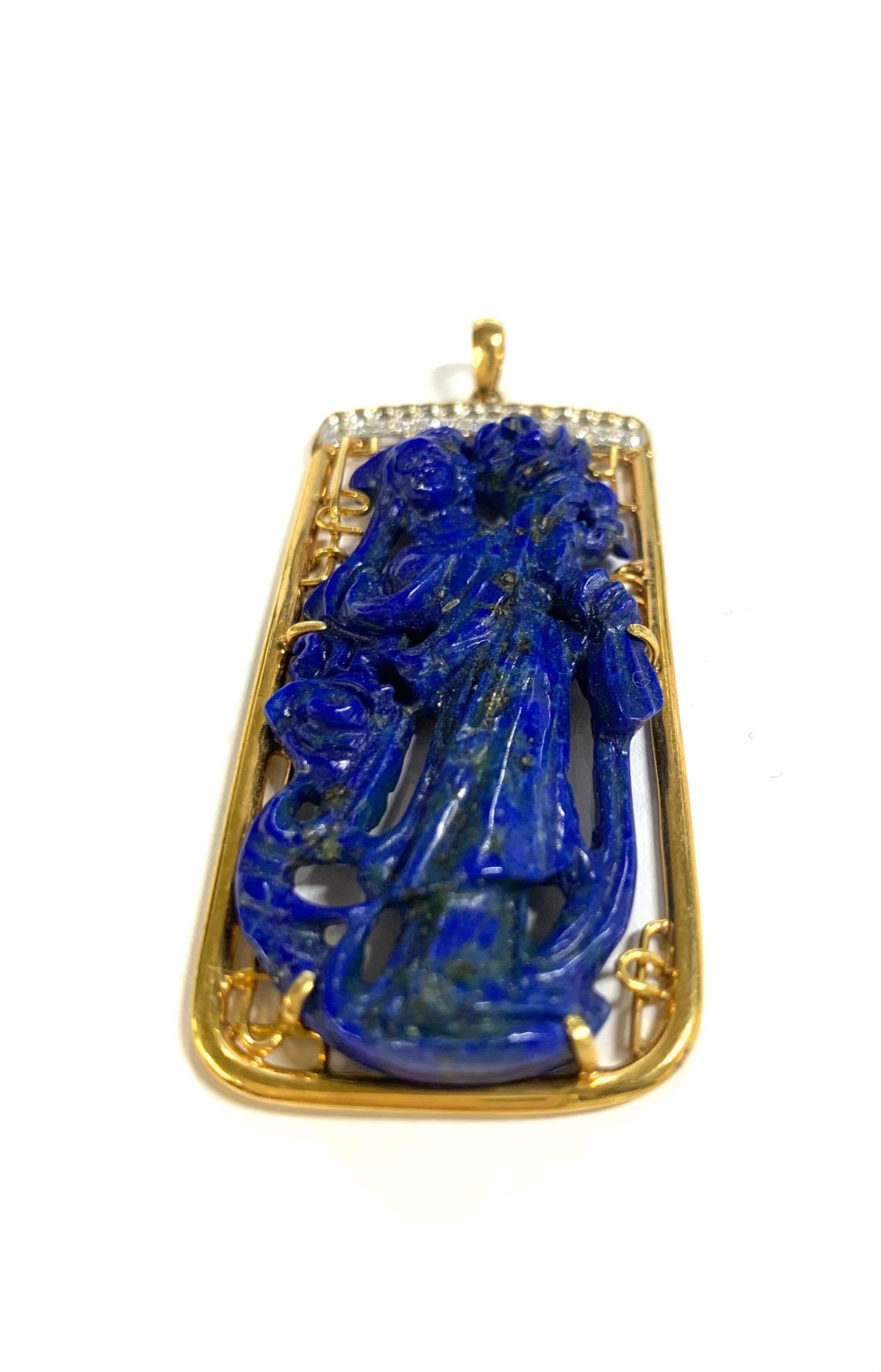 Art Deco Lady Chinoiserie Lapis Lazuli and Diamond Pendant in 14K Yellow Gold For Sale