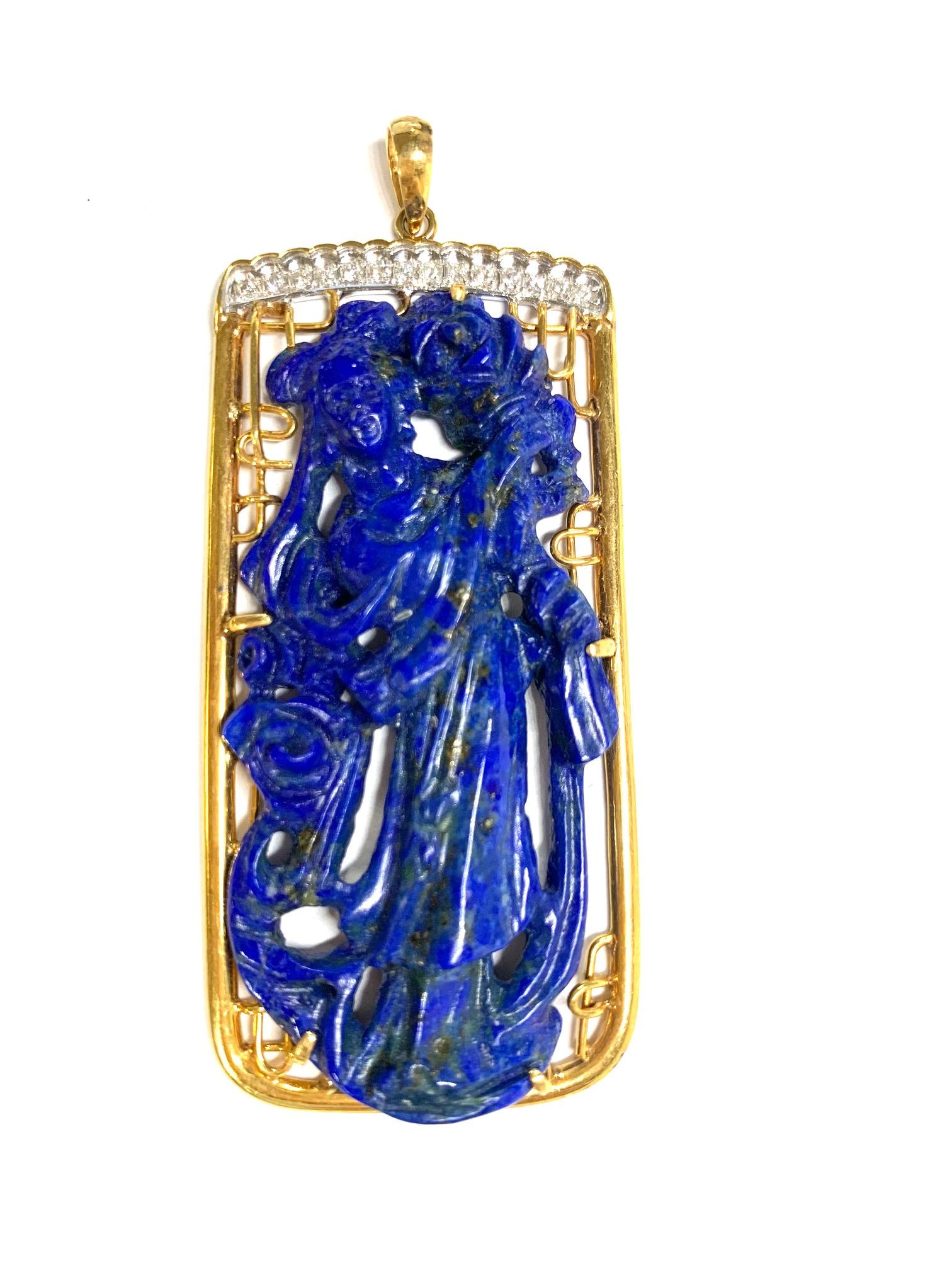 Round Cut Lady Chinoiserie Lapis Lazuli and Diamond Pendant in 14K Yellow Gold For Sale