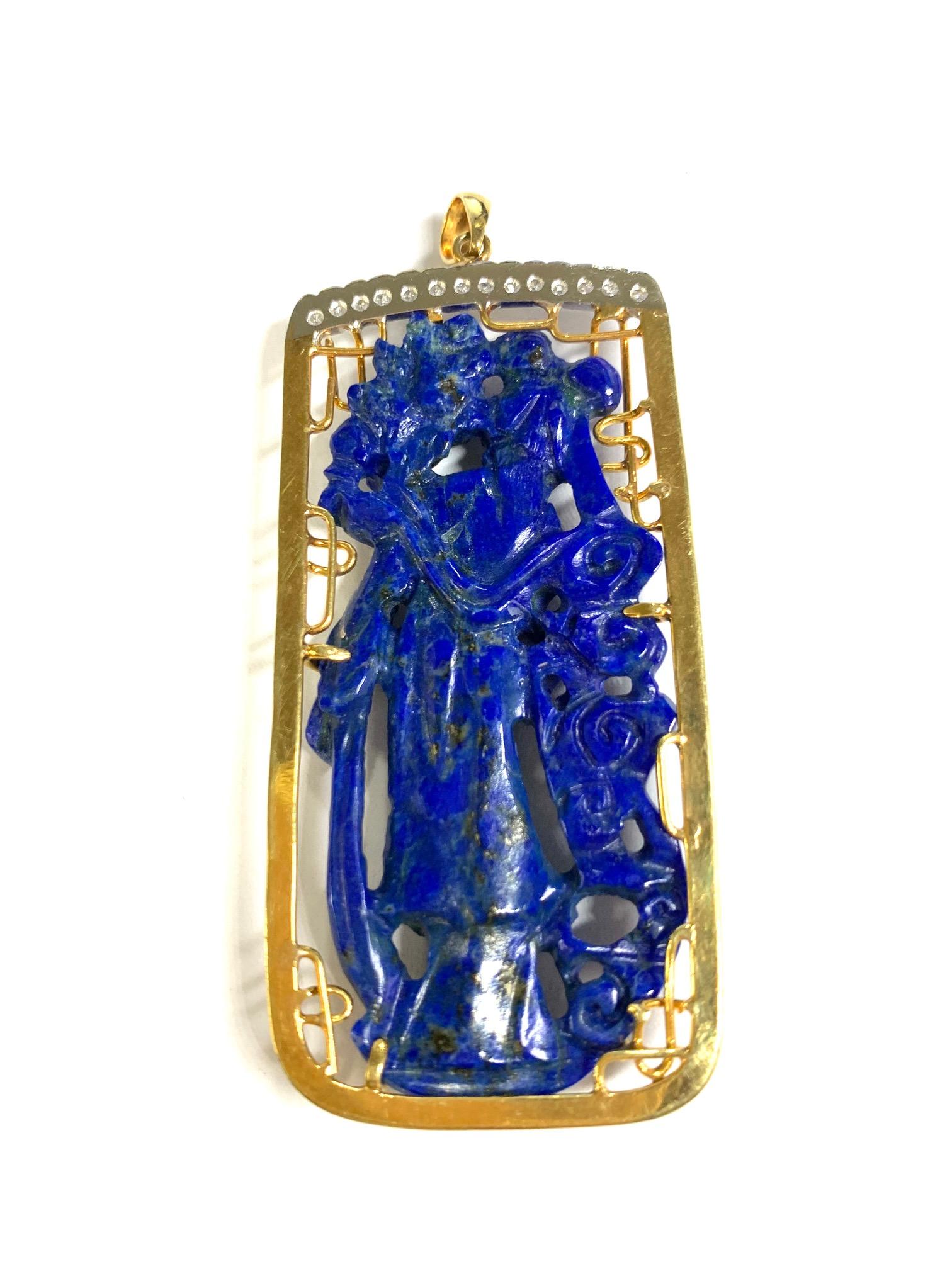 Lady Chinoiserie Lapis Lazuli and Diamond Pendant in 14K Yellow Gold In Good Condition For Sale In New York, NY