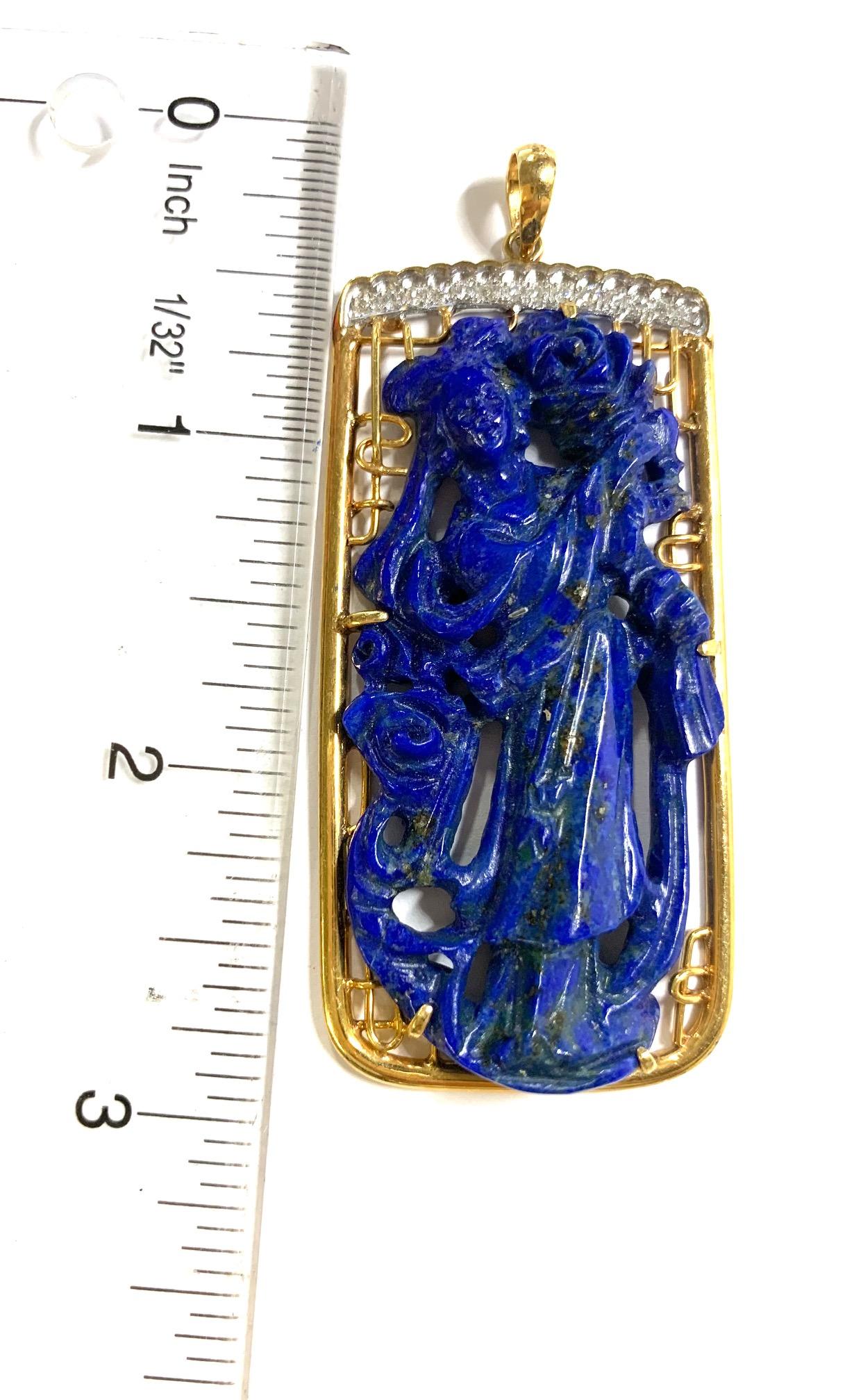 Women's or Men's Lady Chinoiserie Lapis Lazuli and Diamond Pendant in 14K Yellow Gold For Sale
