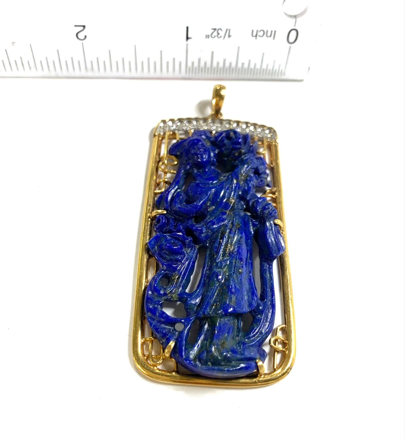 Lady Chinoiserie Lapis Lazuli and Diamond Pendant in 14K Yellow Gold For Sale 1