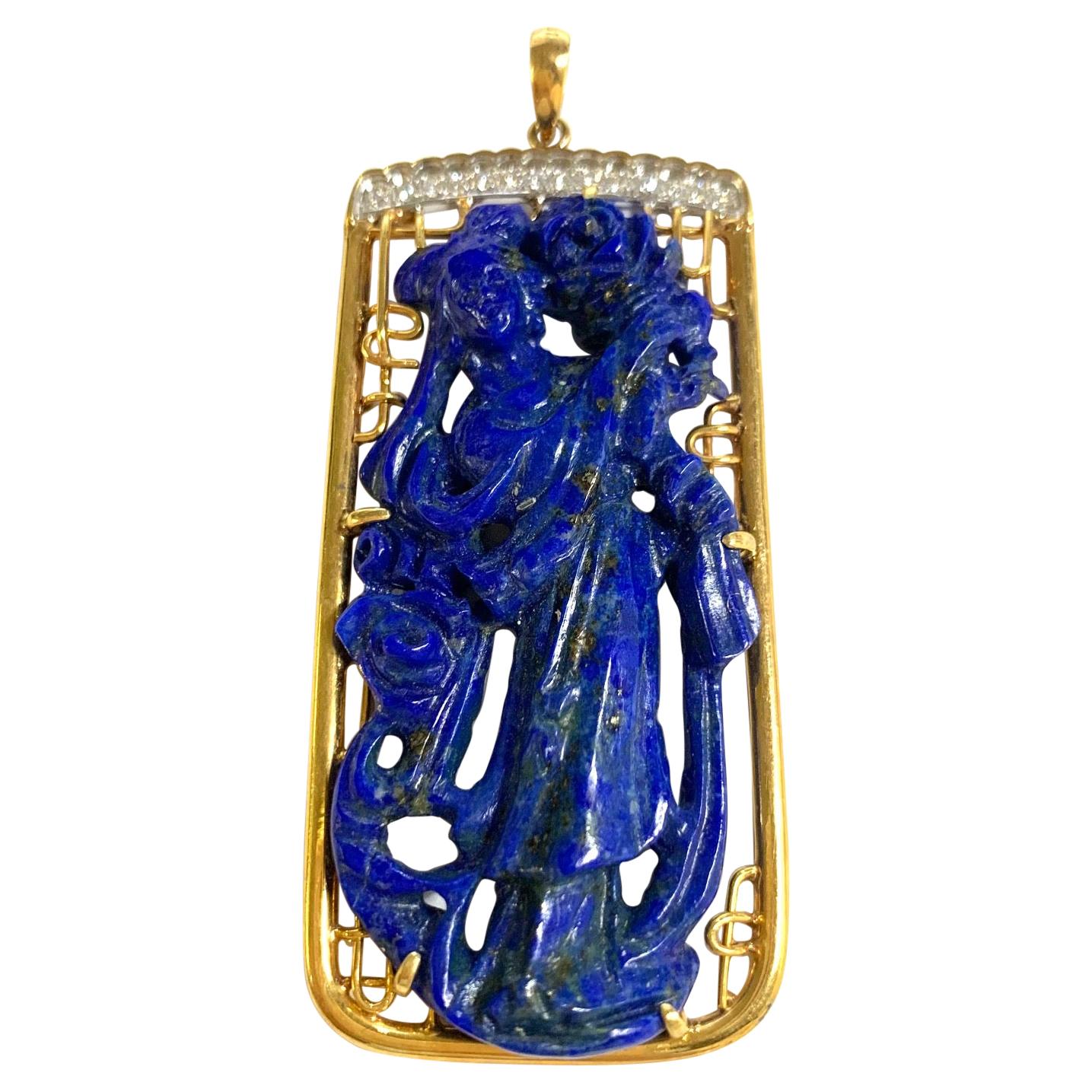 Lady Chinoiserie Lapis Lazuli and Diamond Pendant in 14K Yellow Gold For Sale
