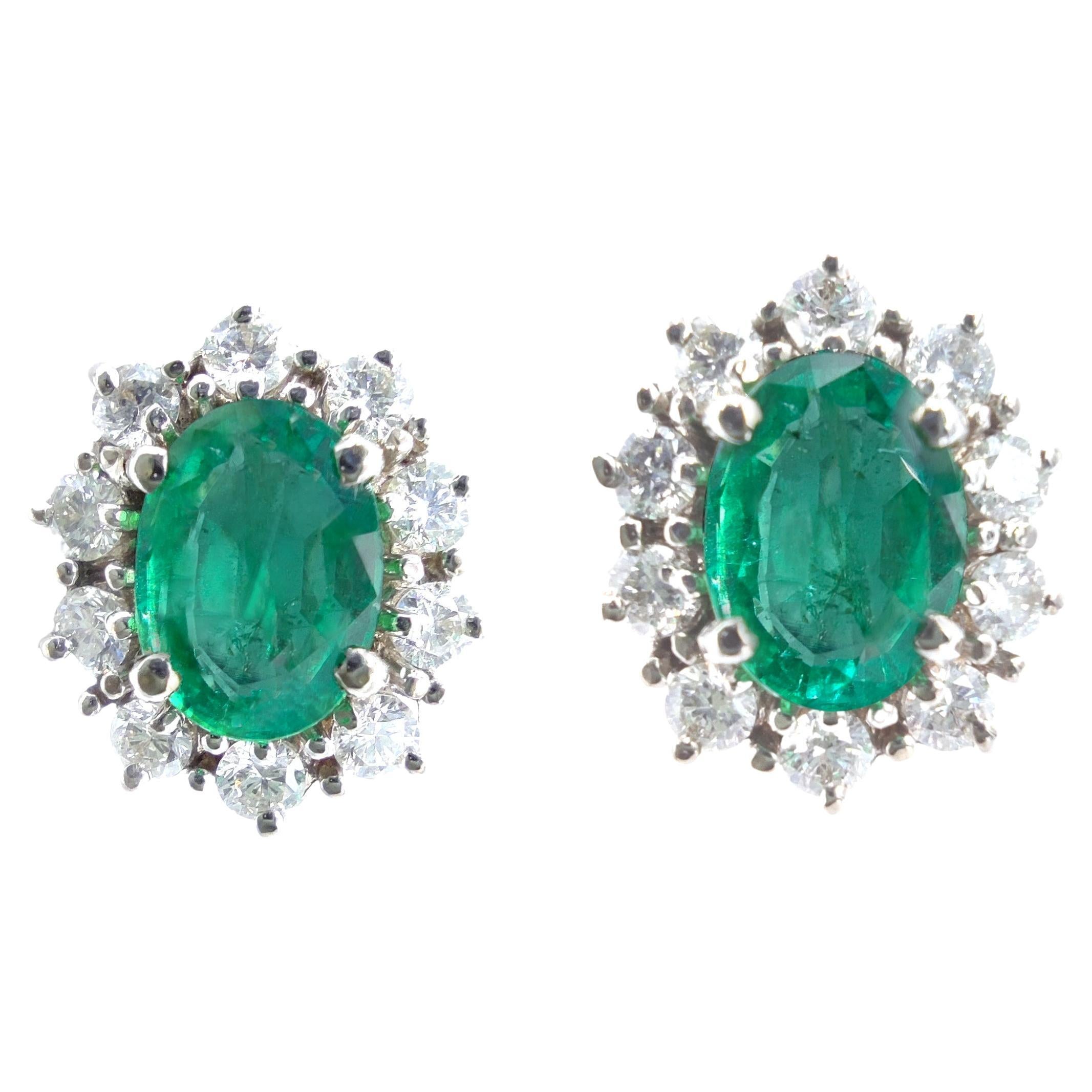 Lady D Green Emerald Round Cut with Diamond Halo Stud Earrings White Gold Set