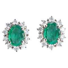 Boucles d'oreilles en or blanc ornées d'une émeraude verte de taille ovale et d'un halo de diamants (Lady D)