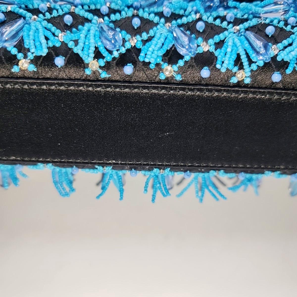 Lady D-Joy Medium Bag Exceptional Piece Black Silk Satin Turquoise Beaded Tassel For Sale 6