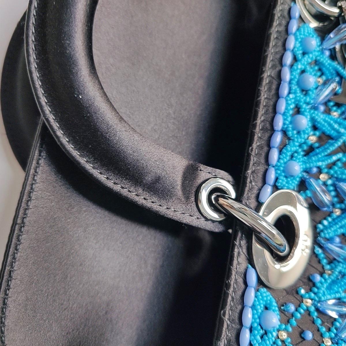 Lady D-Joy Medium Bag Exceptional Piece Black Silk Satin Turquoise Beaded Tassel For Sale 7