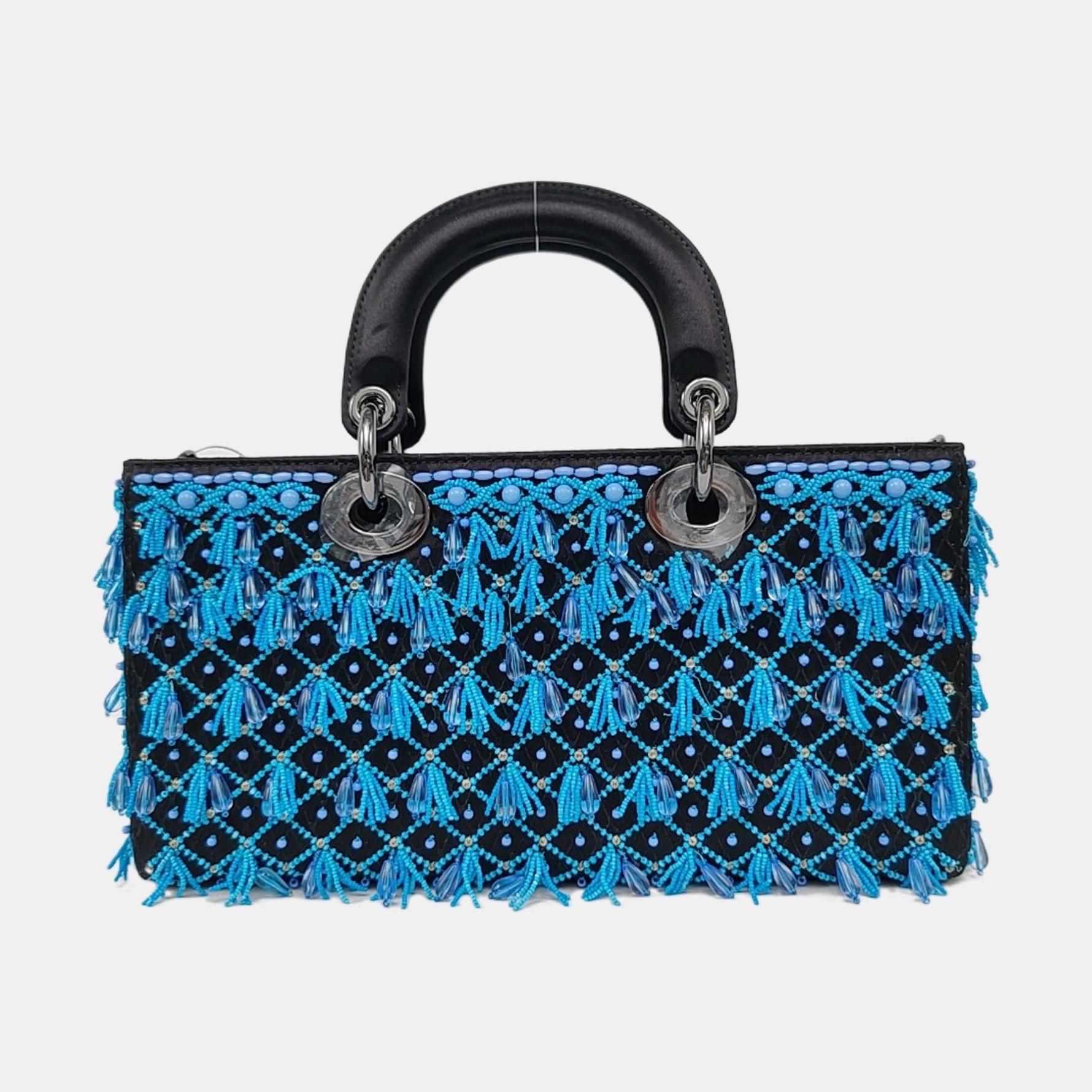 Green Lady D-Joy Medium Bag Exceptional Piece Black Silk Satin Turquoise Beaded Tassel For Sale