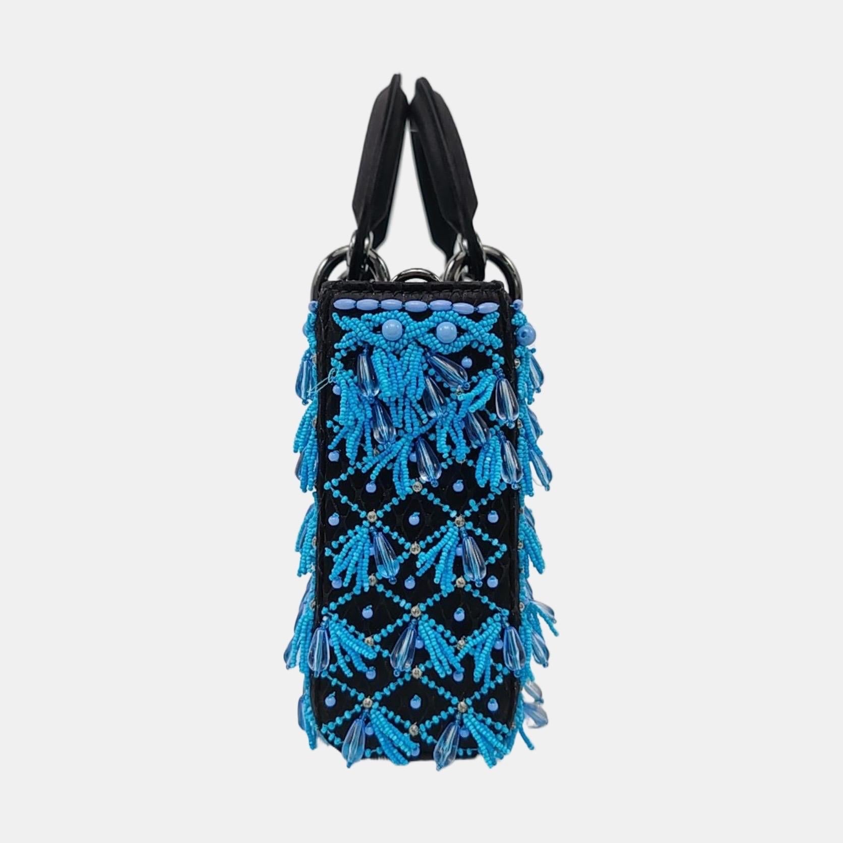Lady D-Joy Medium Bag Exceptional Piece Black Silk Satin Turquoise Beaded Tassel In Excellent Condition For Sale In AUBERVILLIERS, FR