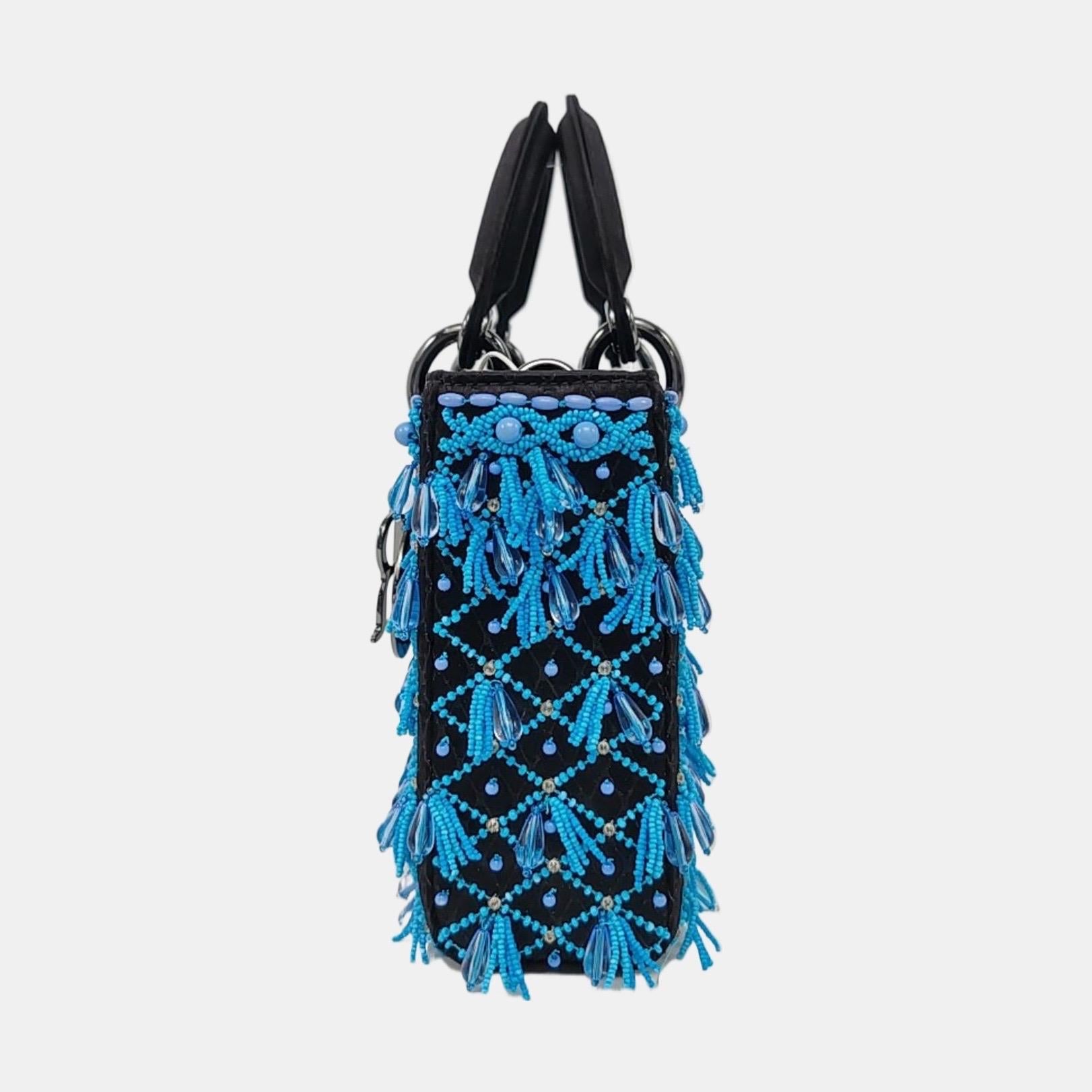 Women's Lady D-Joy Medium Bag Exceptional Piece Black Silk Satin Turquoise Beaded Tassel For Sale