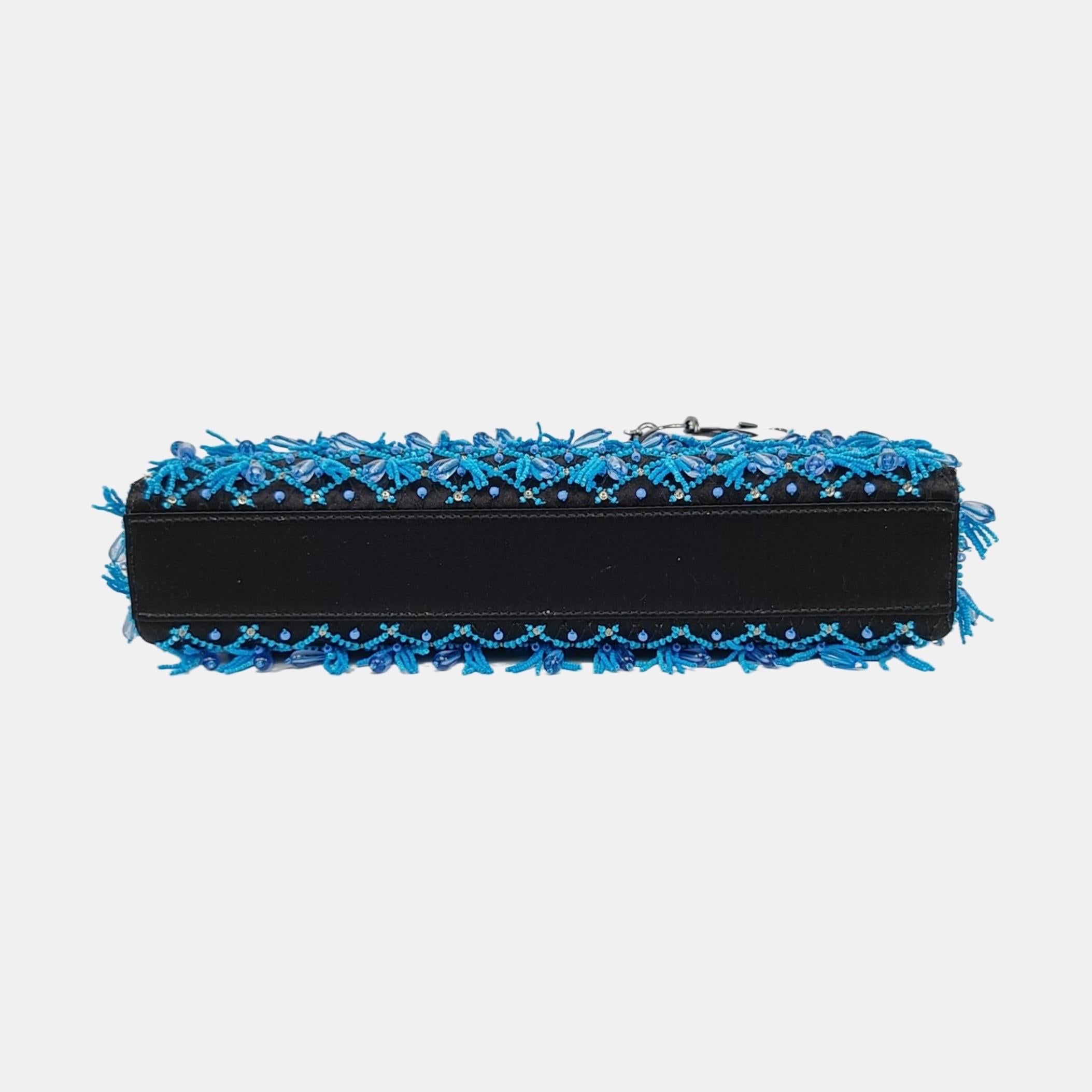 Lady D-Joy Medium Bag Exceptional Piece Black Silk Satin Turquoise Beaded Tassel For Sale 1