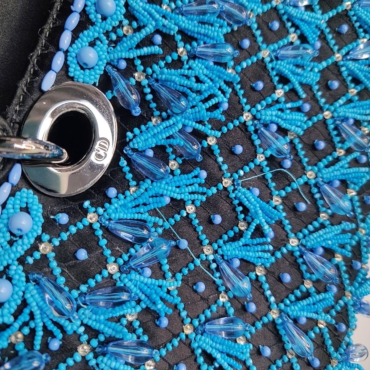 Lady D-Joy Medium Bag Exceptional Piece Black Silk Satin Turquoise Beaded Tassel For Sale 2