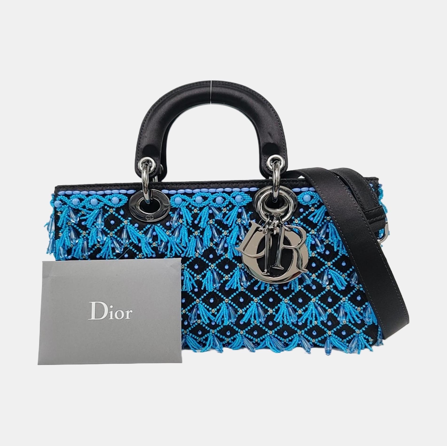Lady D-Joy Medium Bag Exceptional Piece Black Silk Satin Turquoise Beaded Tassel For Sale 3