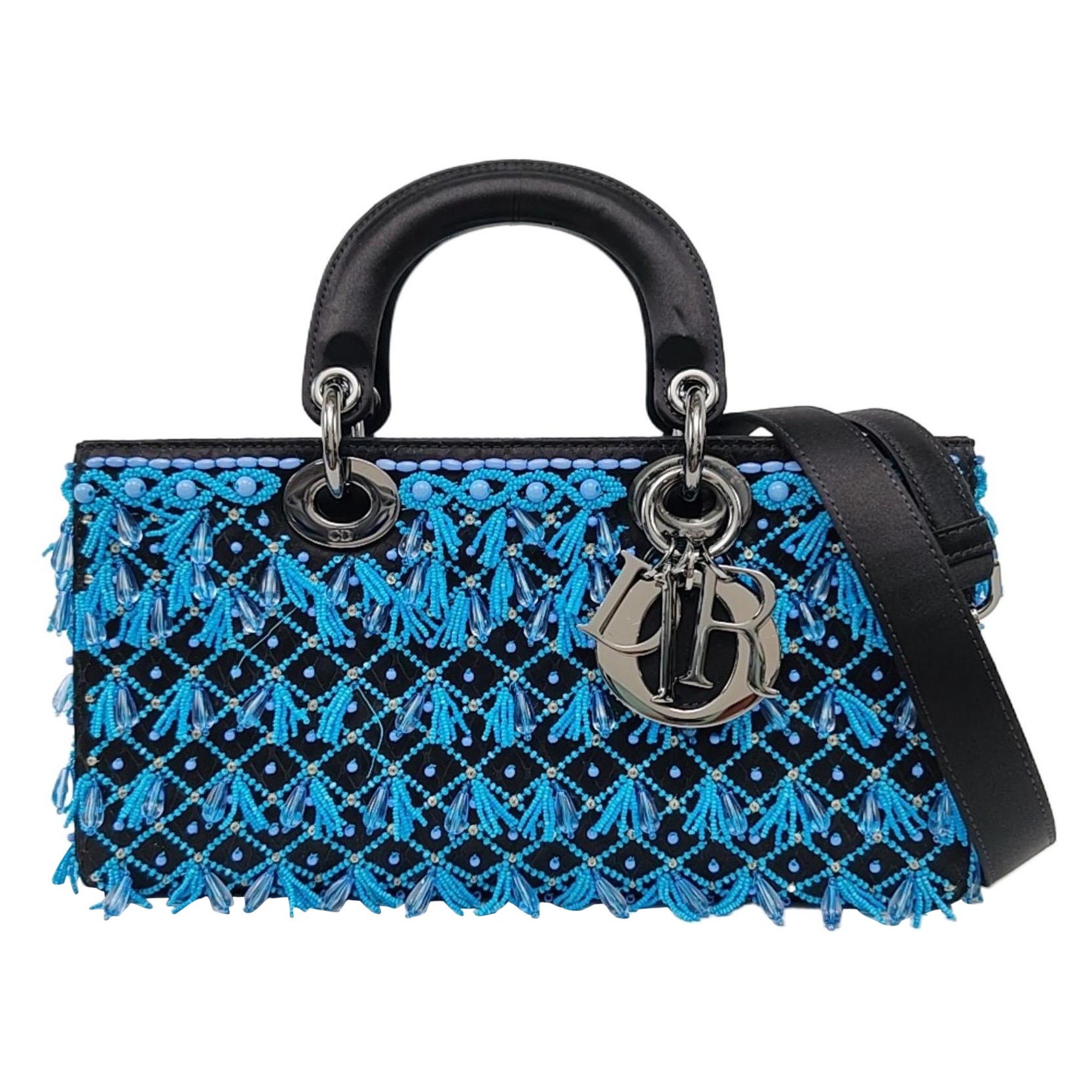 Lady D-Joy Medium Bag Exceptional Piece Black Silk Satin Turquoise Beaded Tassel