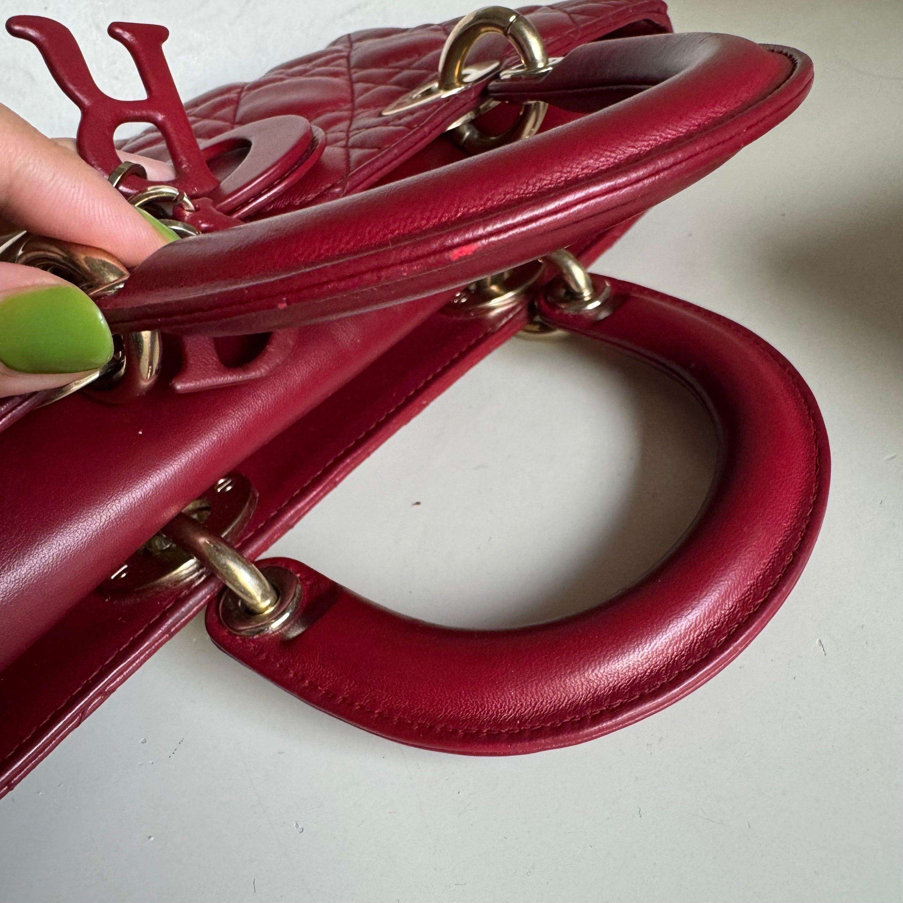 Lady D-Joy Medium Handbag Burgundy Lambskin Cannage Leather, 2016 For Sale 10