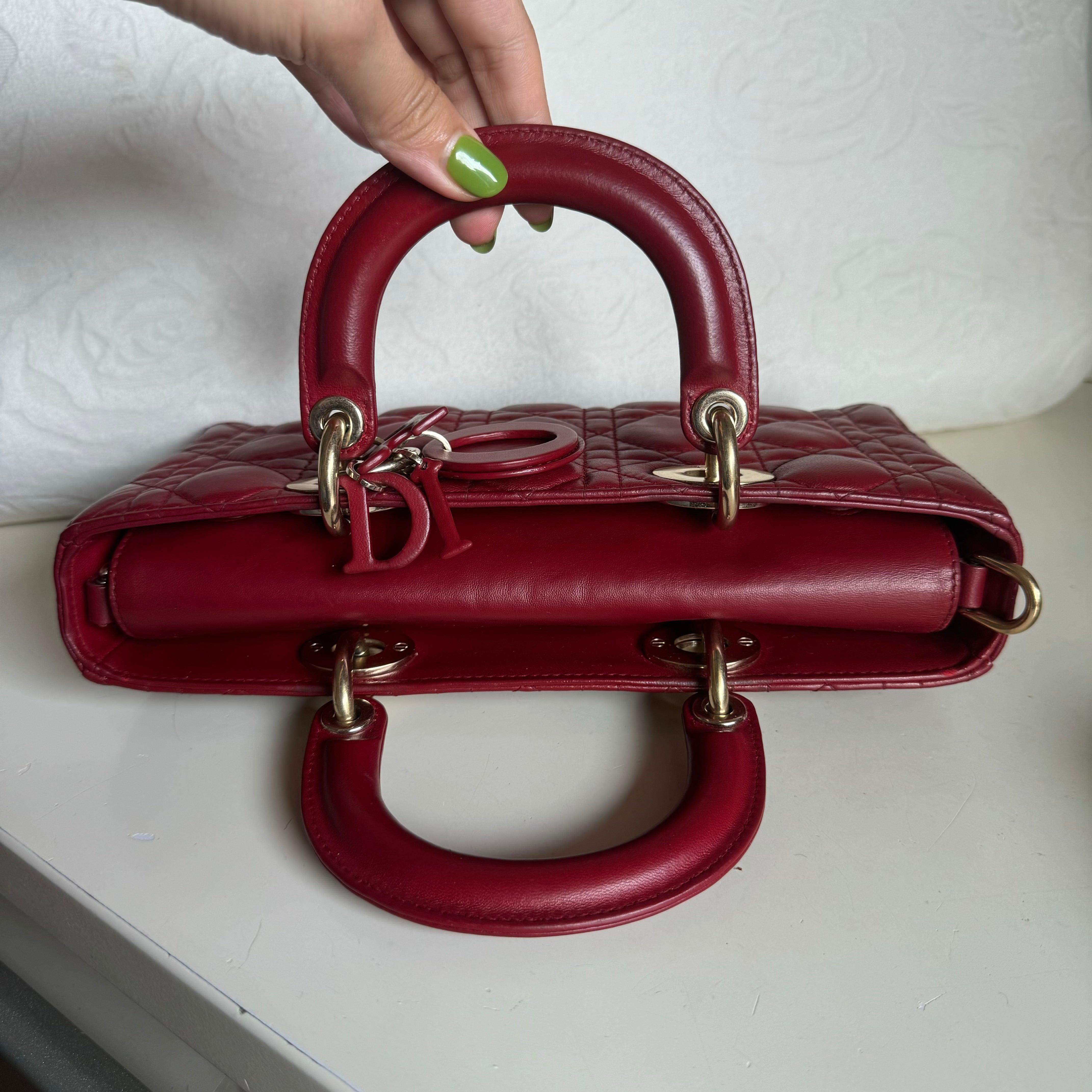 Lady D-Joy Medium Handbag Burgundy Lambskin Cannage Leather, 2016 For Sale 12
