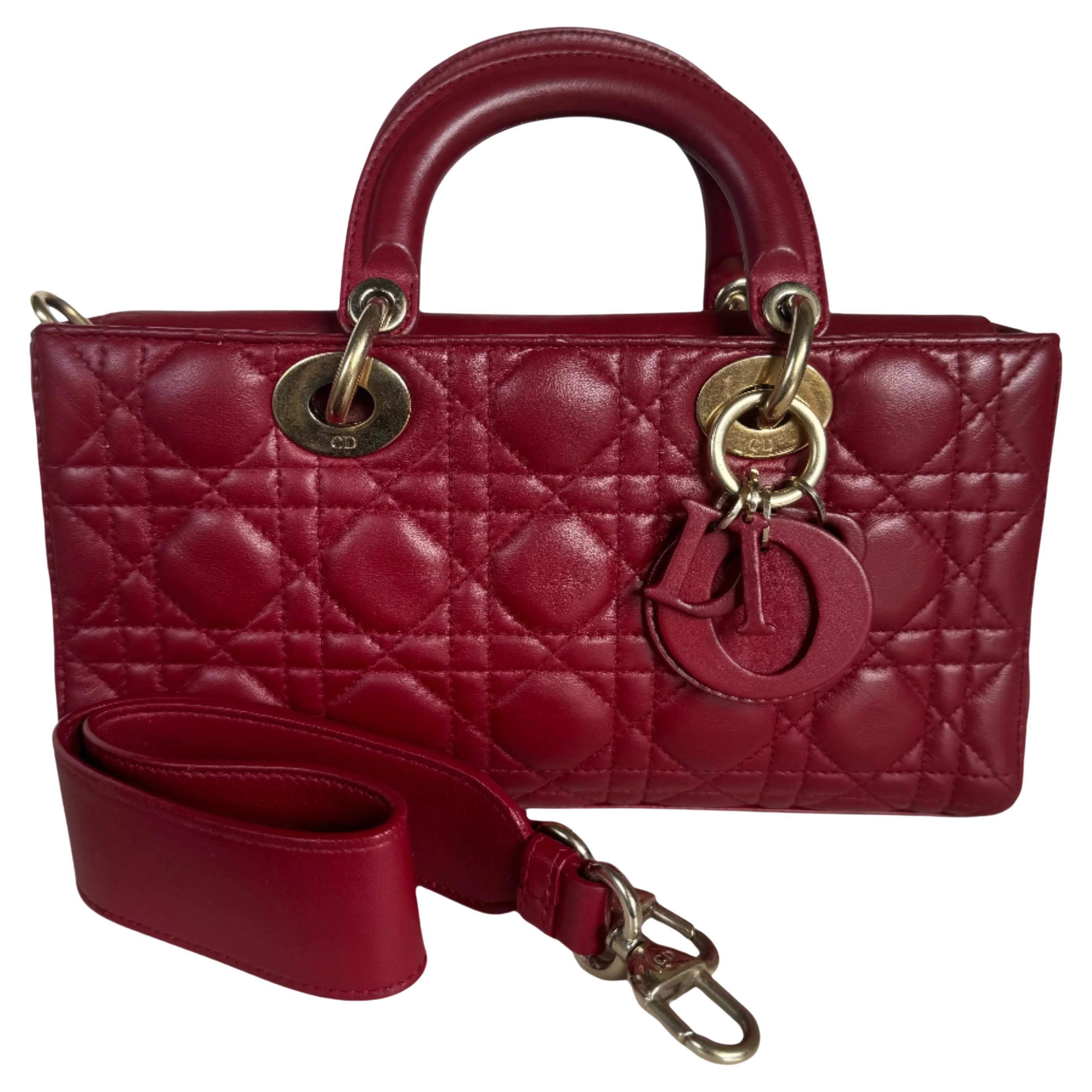 Lady D-Joy Medium Handbag Burgundy Lambskin Cannage Leather, 2016 For Sale