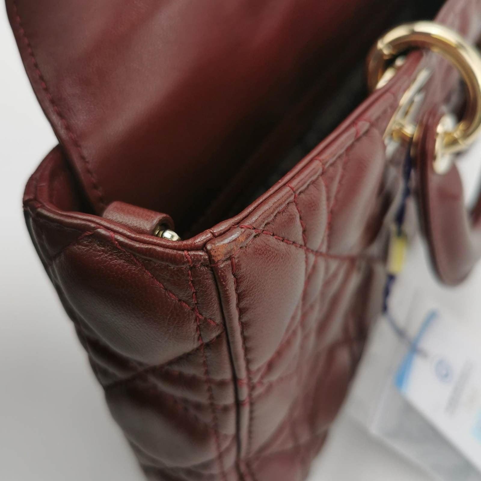 Lady D-Joy Medium Handbag Burgundy Lambskin Cannage Leather For Sale 6